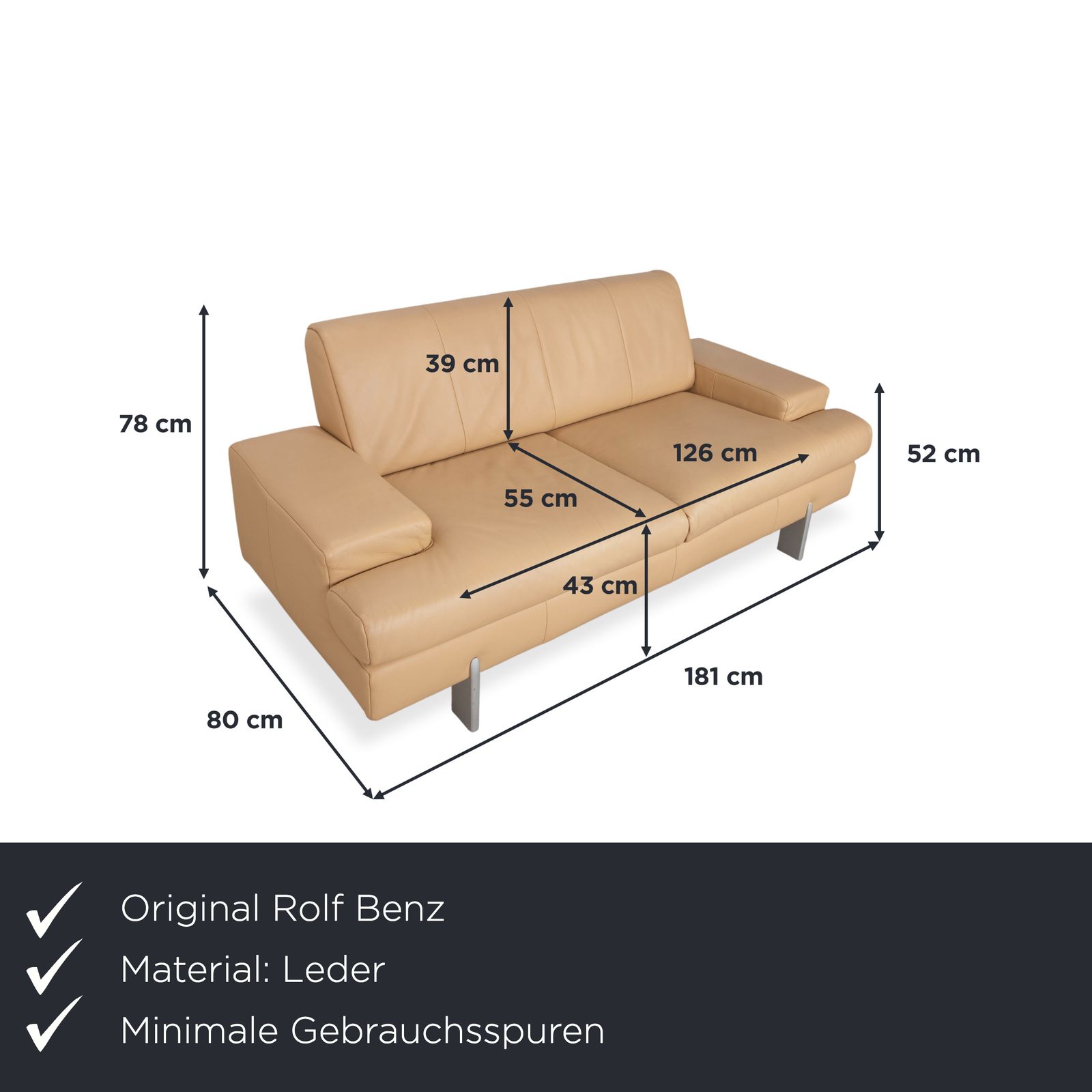 Rolf Benz AK 644 tweezitsbank leer crème beige photo furniture