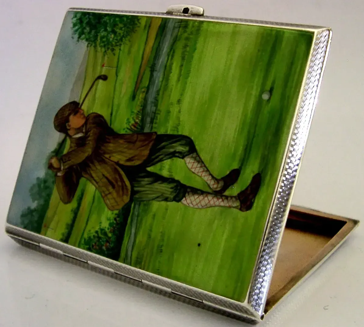 Étui à cigarettes Sampson Mordan en argent sterling et émail peint à la main, motif golf, 1933 photo Décoration