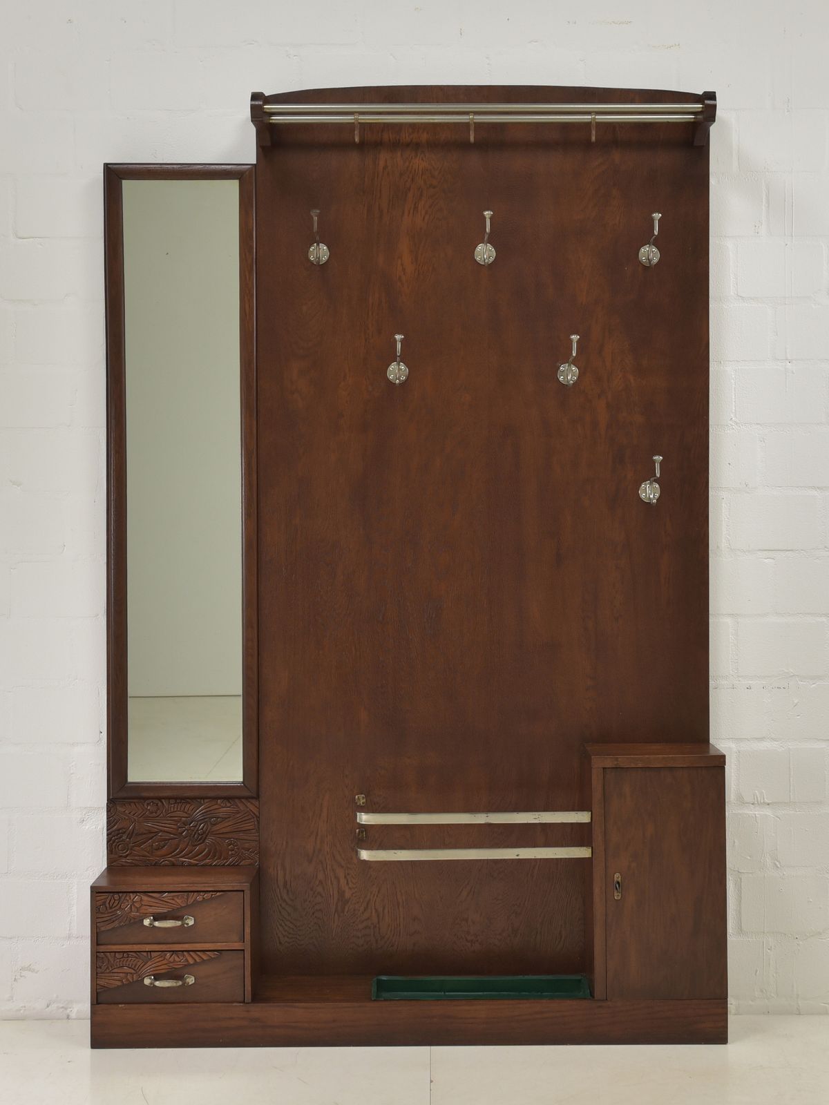 Antique! Asymmetrical Art Deco Wardrobe, Restored Circa 1940, Oak, Chrome, Mirror photo furniture