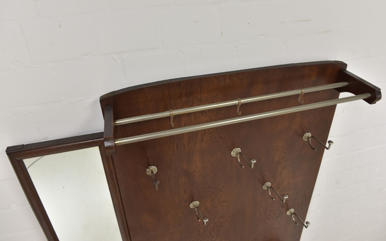 Antique! Asymmetrical Art Deco Wardrobe, Restored Circa 1940, Oak, Chrome, Mirror photo vinterior