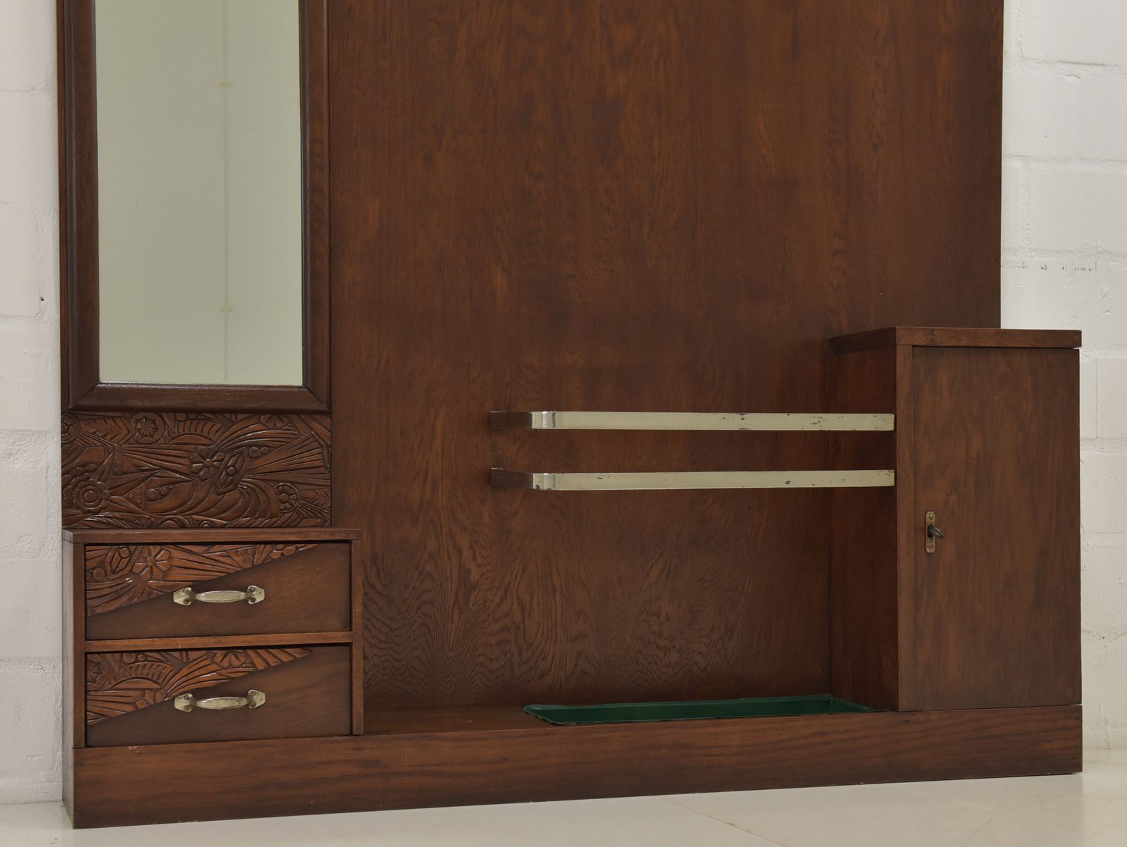 photo furniture Antique! Asymmetrical Art Deco Wardrobe, Restored Circa 1940, Oak, Chrome, Mirror