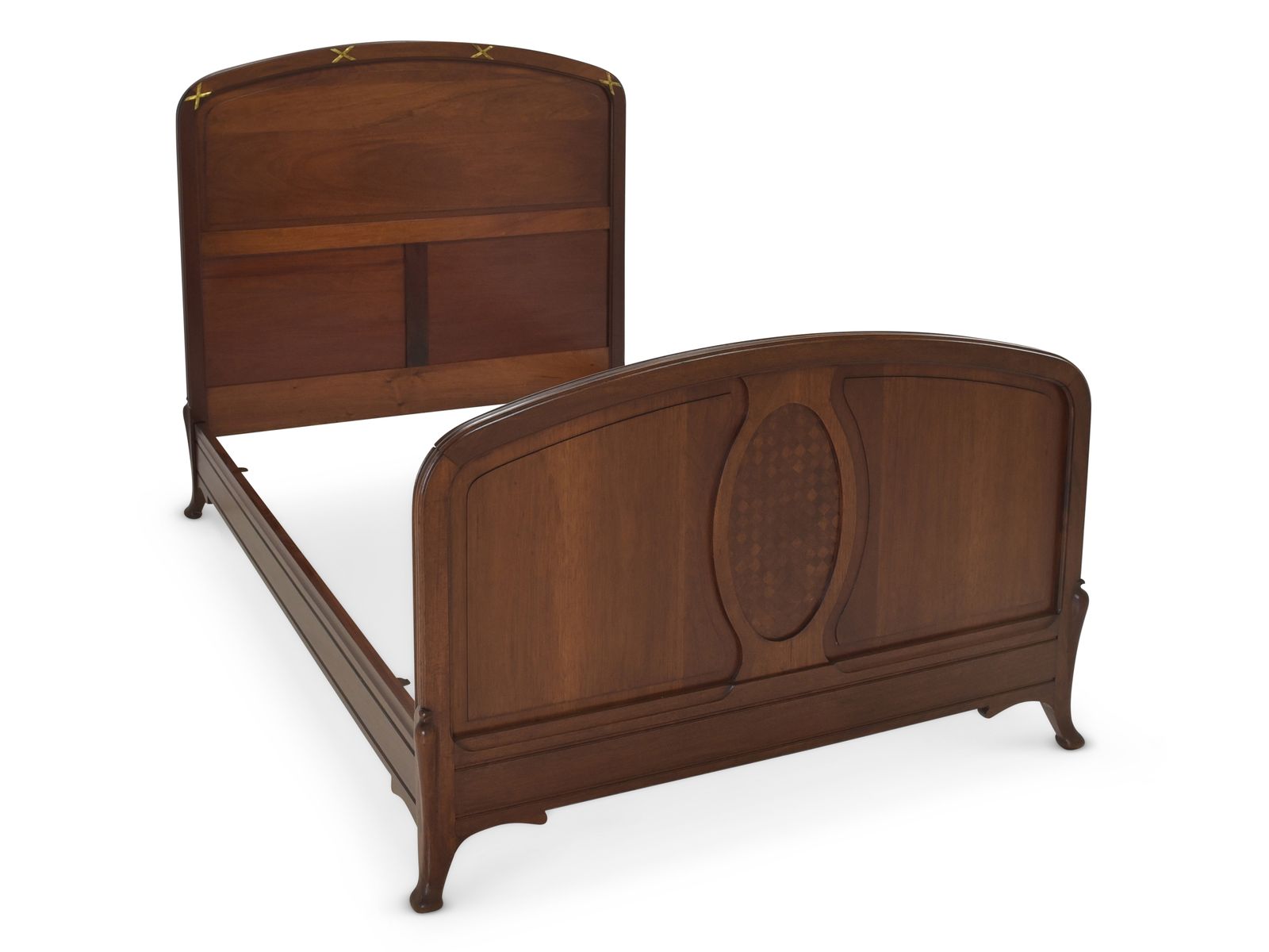 Antique! Bed 200 X 130 Cm, Restored Solid Mahogany, Art Nouveau Bedroom