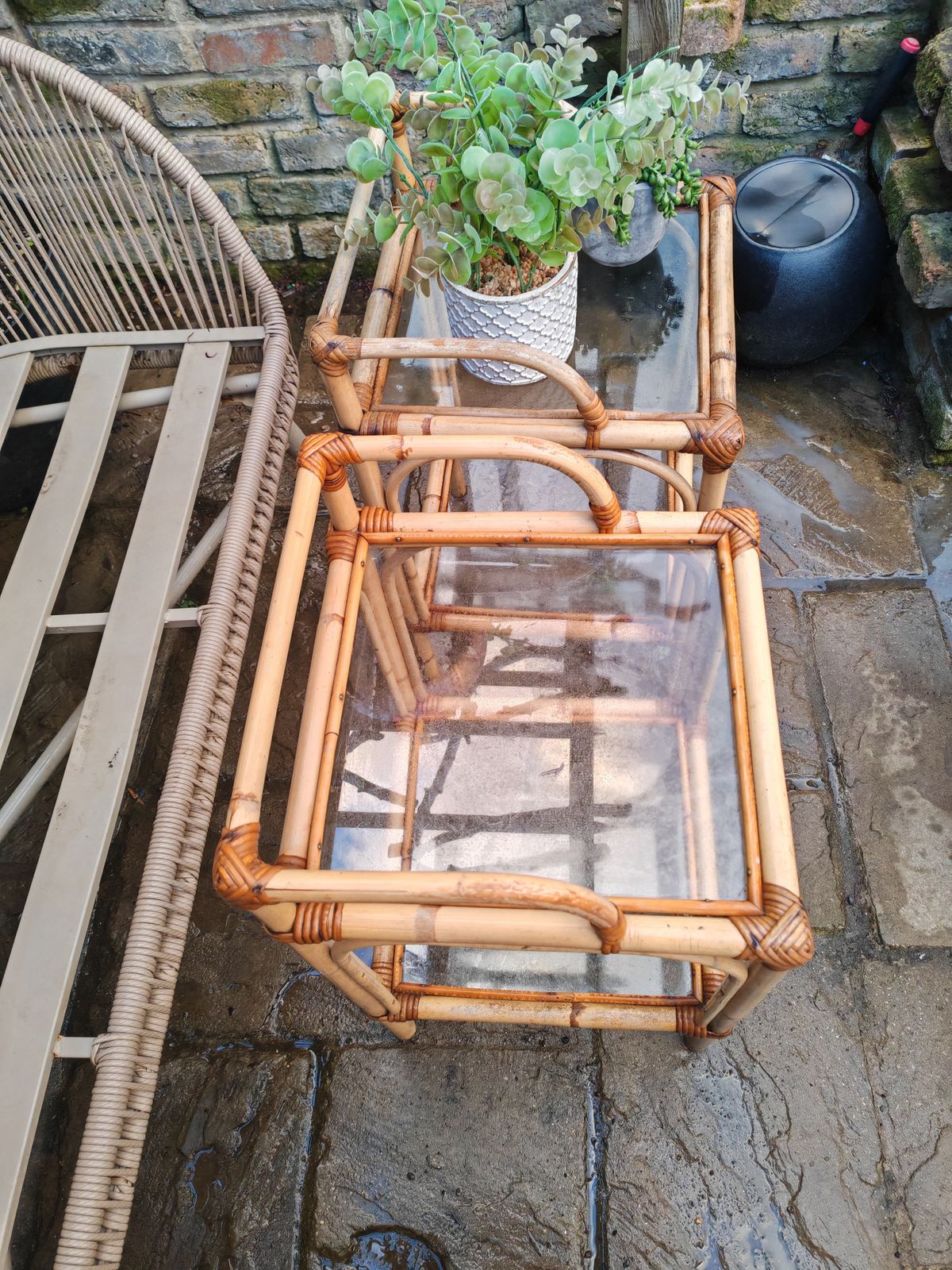A Pair Ofmid Century Bamboo And Glass Side Tables photo furniture