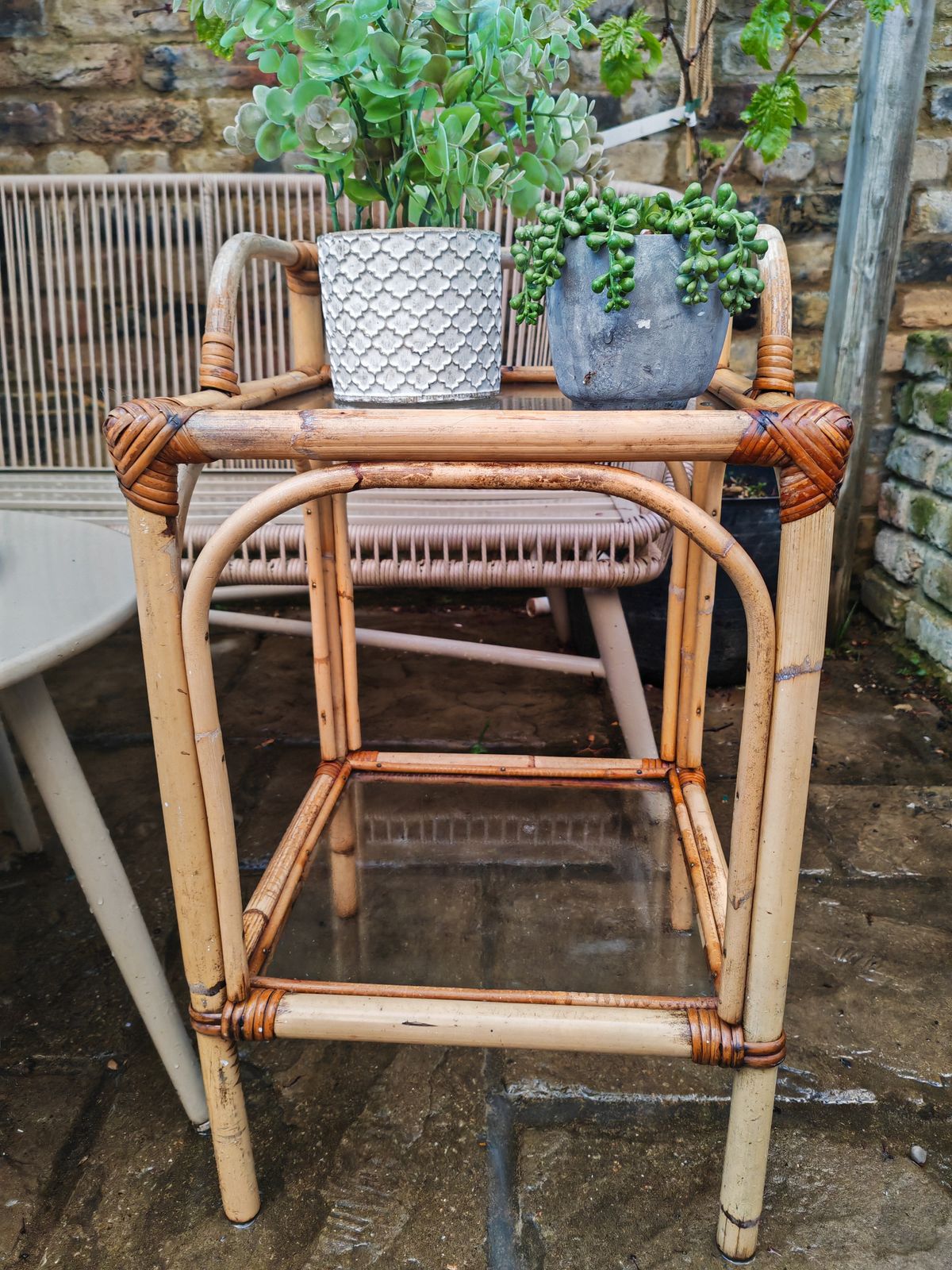 A Pair Ofmid Century Bamboo And Glass Side Tables photo vinterior