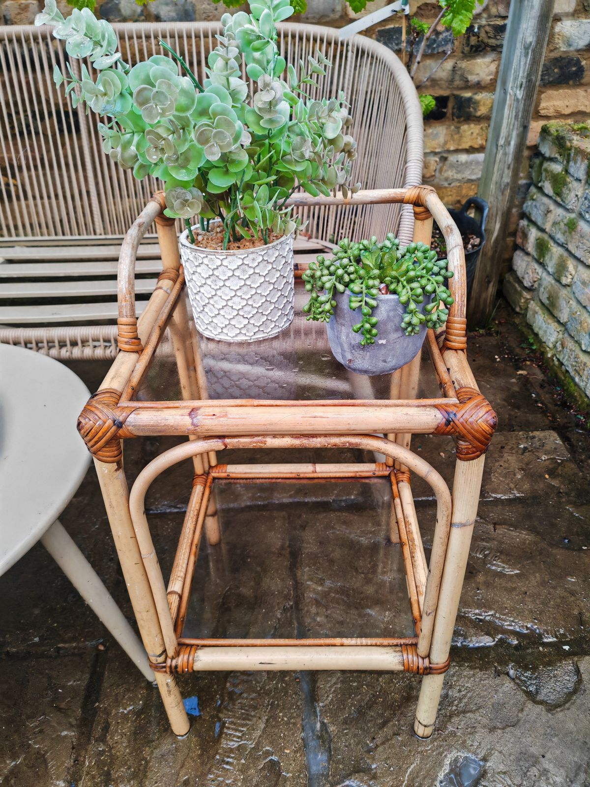 A Pair Ofmid Century Bamboo And Glass Side Tables photo buy