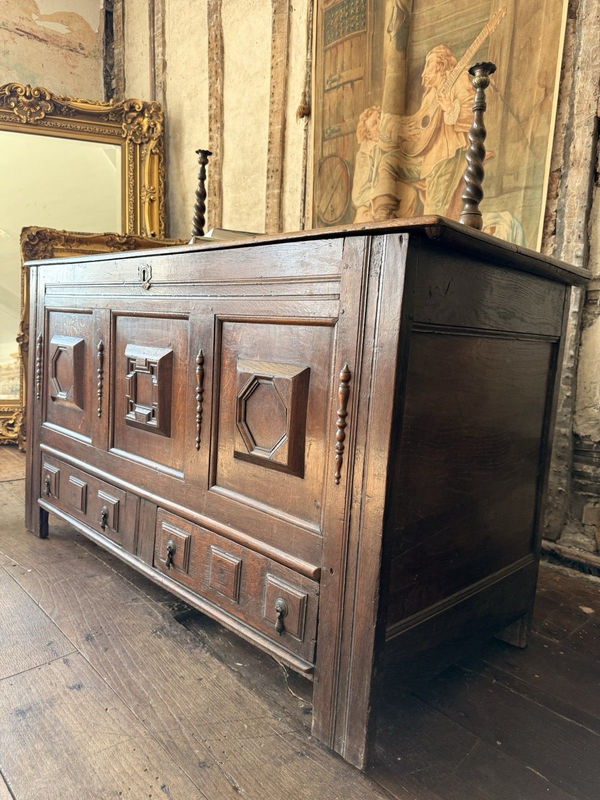 Rare Original  English Antique Geometric George Lll Carved Mule Chest Coffer photo Furniture