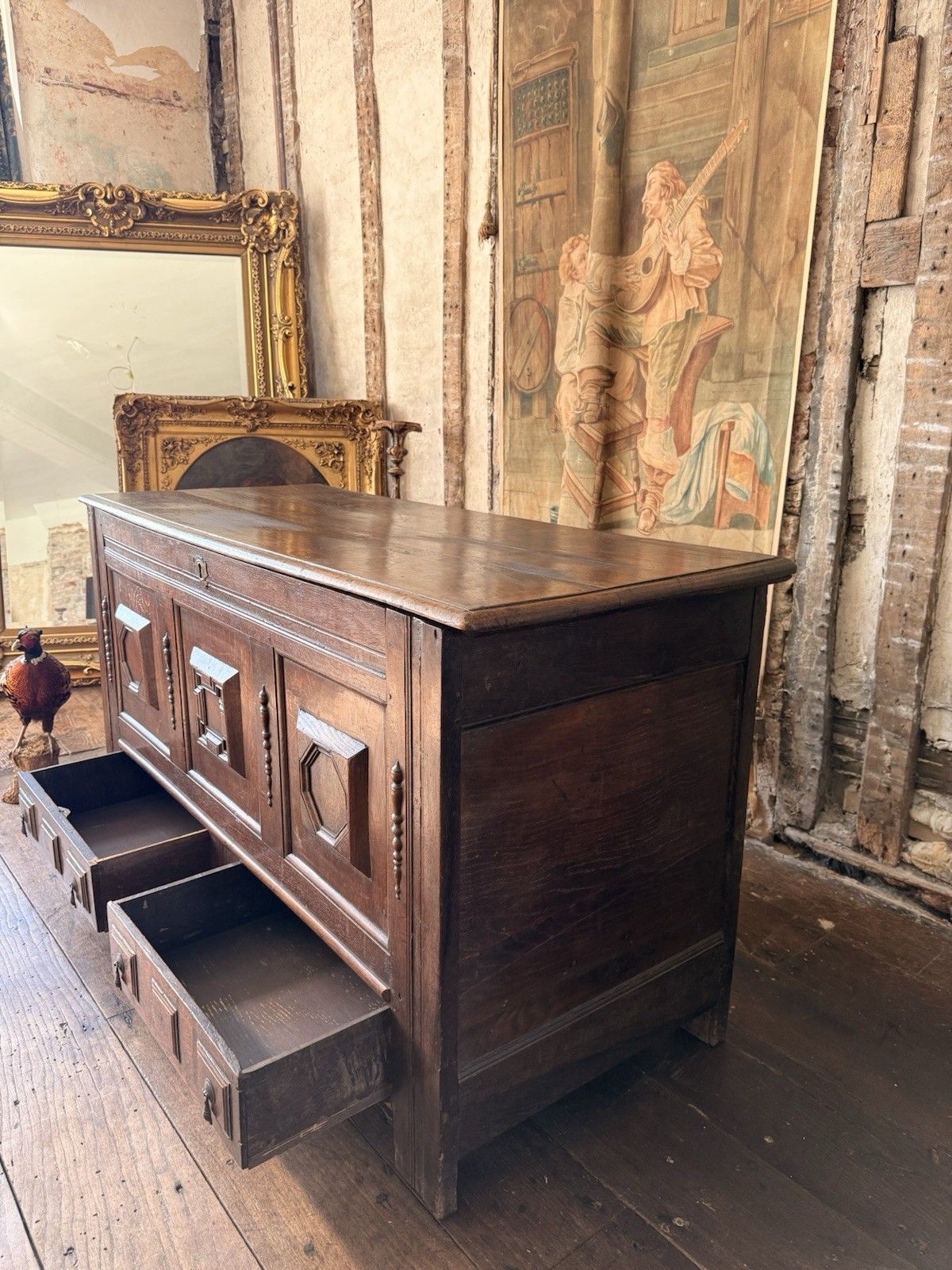 photo for sale Rare Original  English Antique Geometric George Lll Carved Mule Chest Coffer