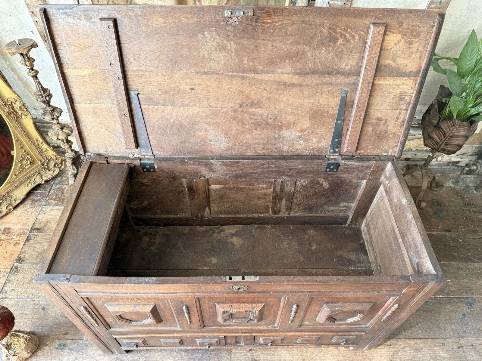 Furniture Rare Original  English Antique Geometric George Lll Carved Mule Chest Coffer photo