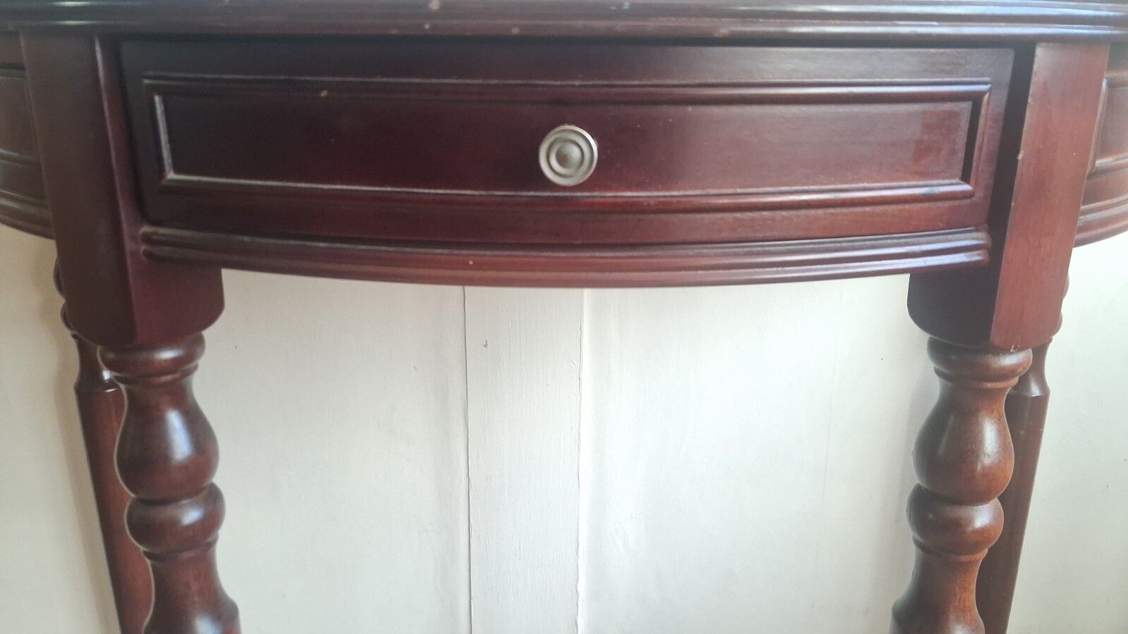 photo for sale 1980s Mahogany Demi Lune /Half Moon Table With Green Tooled Leather Top