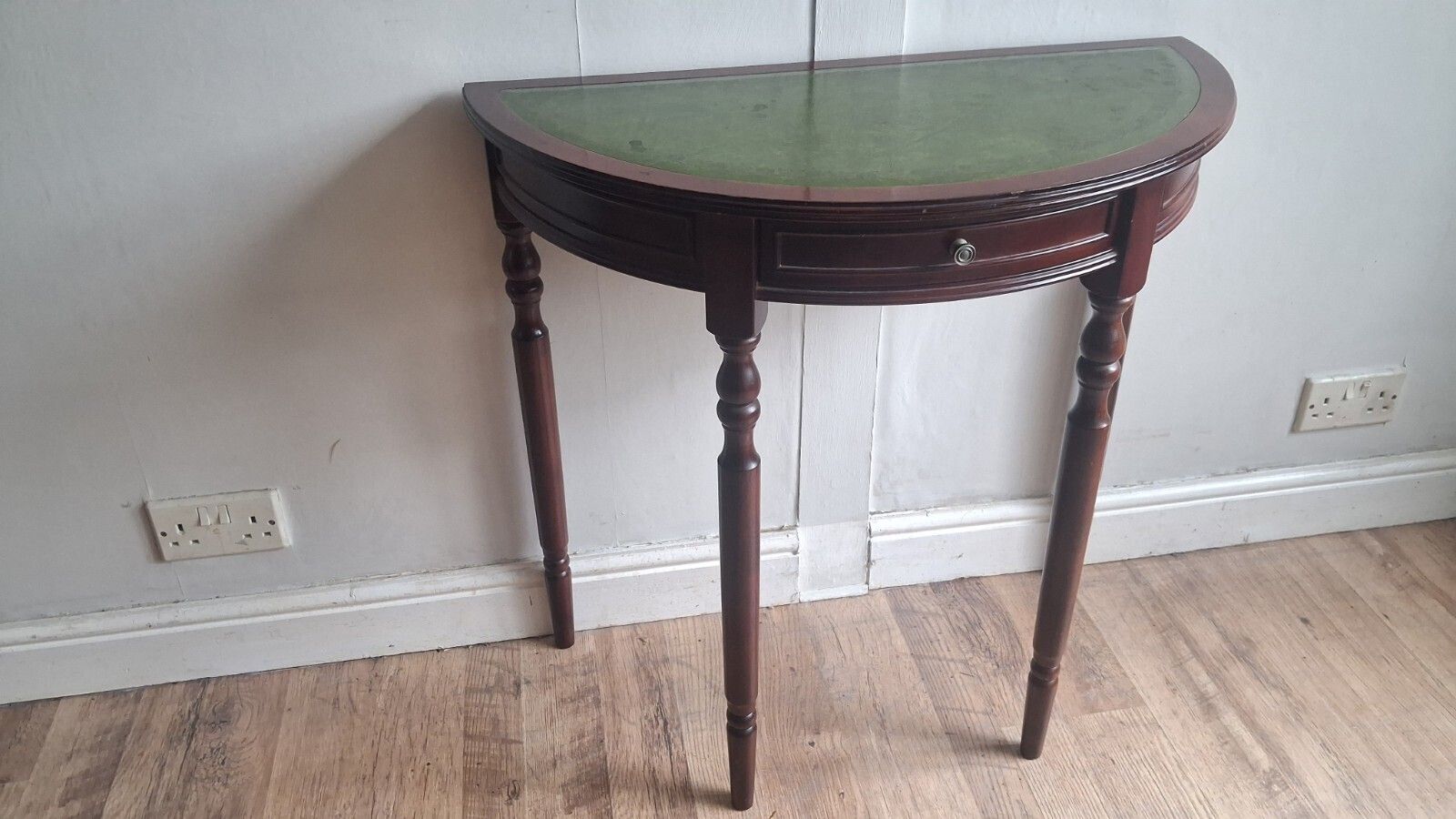 145.0 1980s Mahogany Demi Lune /Half Moon Table With Green Tooled Leather Top photo