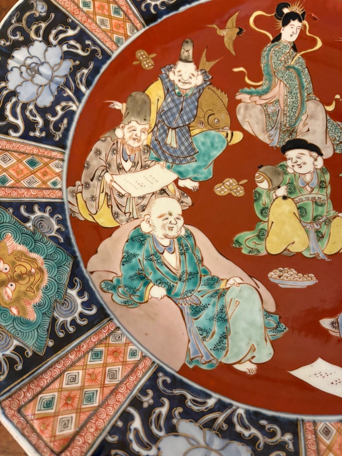 Antique Pair Of Large Japanese Imari Porcelain Chargers Depicting The Seven Lucky Gods photo buy