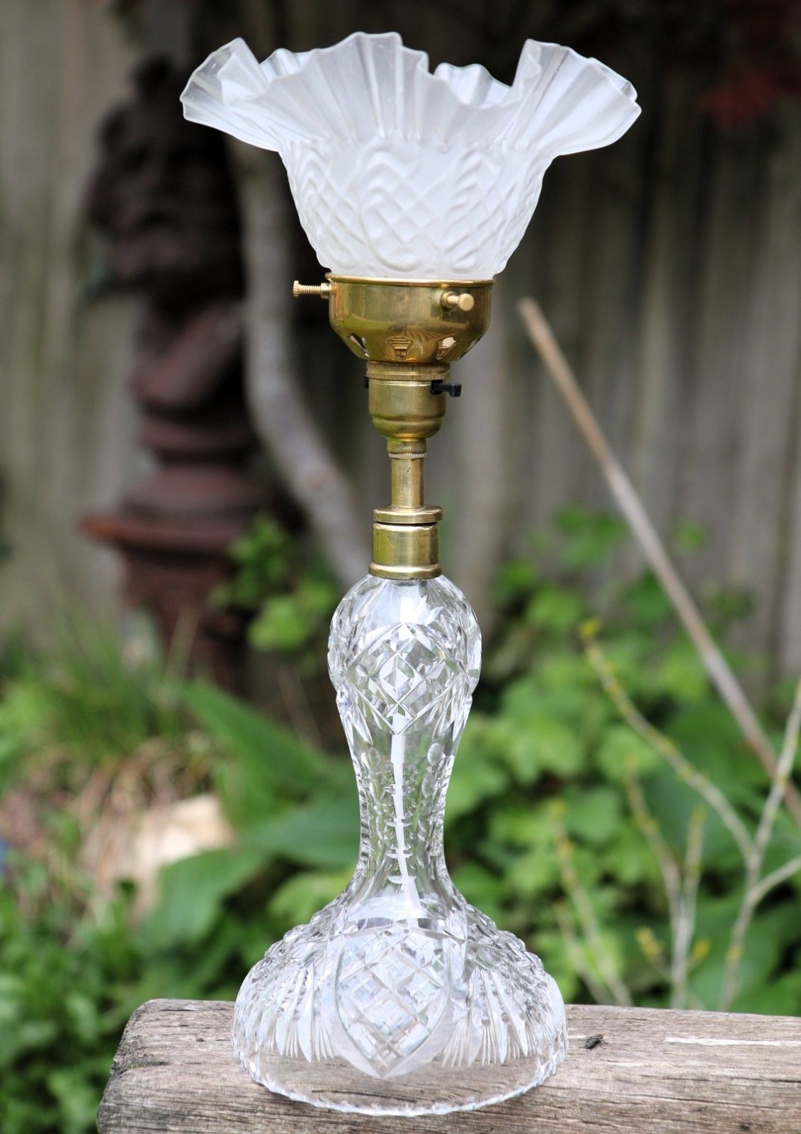Table Lamp Antique Heavy Cut Lead Crystal Side Lamp + Period Frilled Glass Shade photo for sale