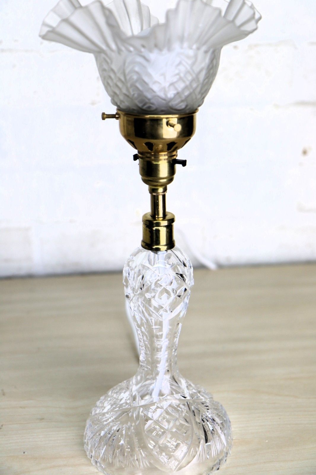 Table Lamp Antique Heavy Cut Lead Crystal Side Lamp + Period Frilled Glass Shade photo Lighting