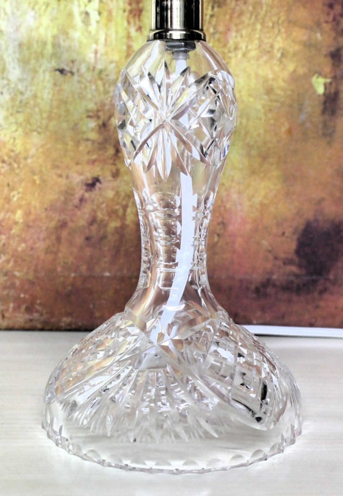 Lighting Table Lamp Antique Heavy Cut Lead Crystal Side Lamp + Period Frilled Glass Shade photo