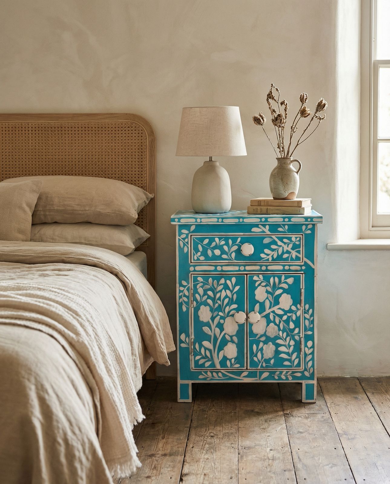 Hand Painted Mango Wood Bedside Table – Floral Carved 2 Door Cabinet In Turquoise Finish.