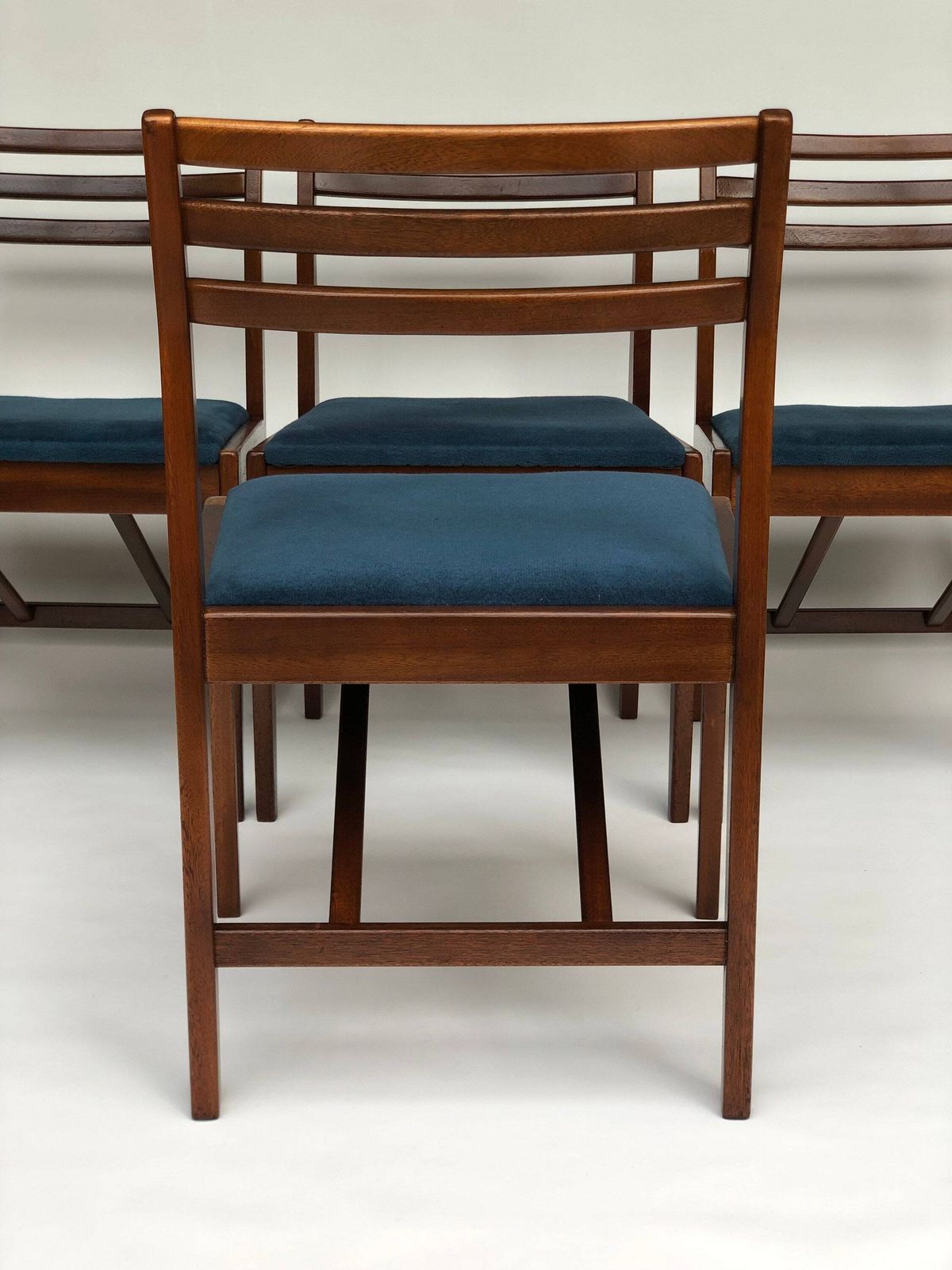 Danish Mcm Set Of 4 Teak Chairs 1970s With Blue Upholstered Seat Pad photo buy
