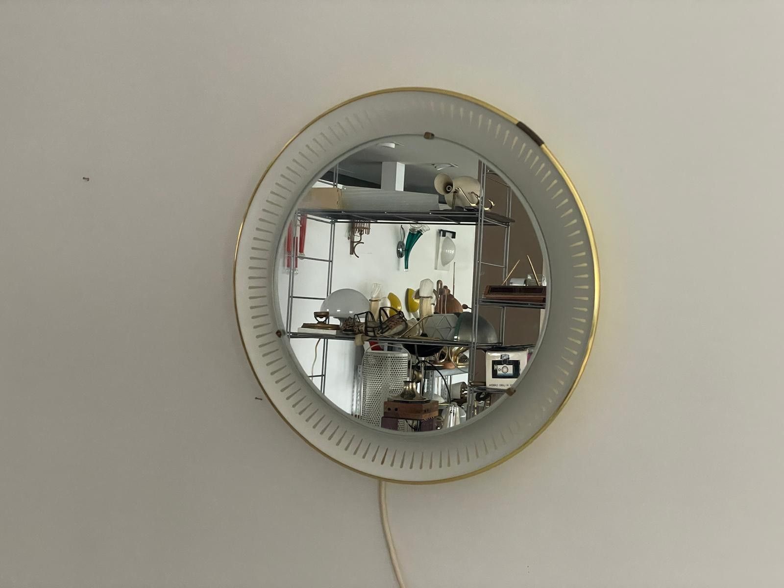 Mid Century Round Yellow And White Wall Mirror With Light By Hillebrand, 1950s photo buy