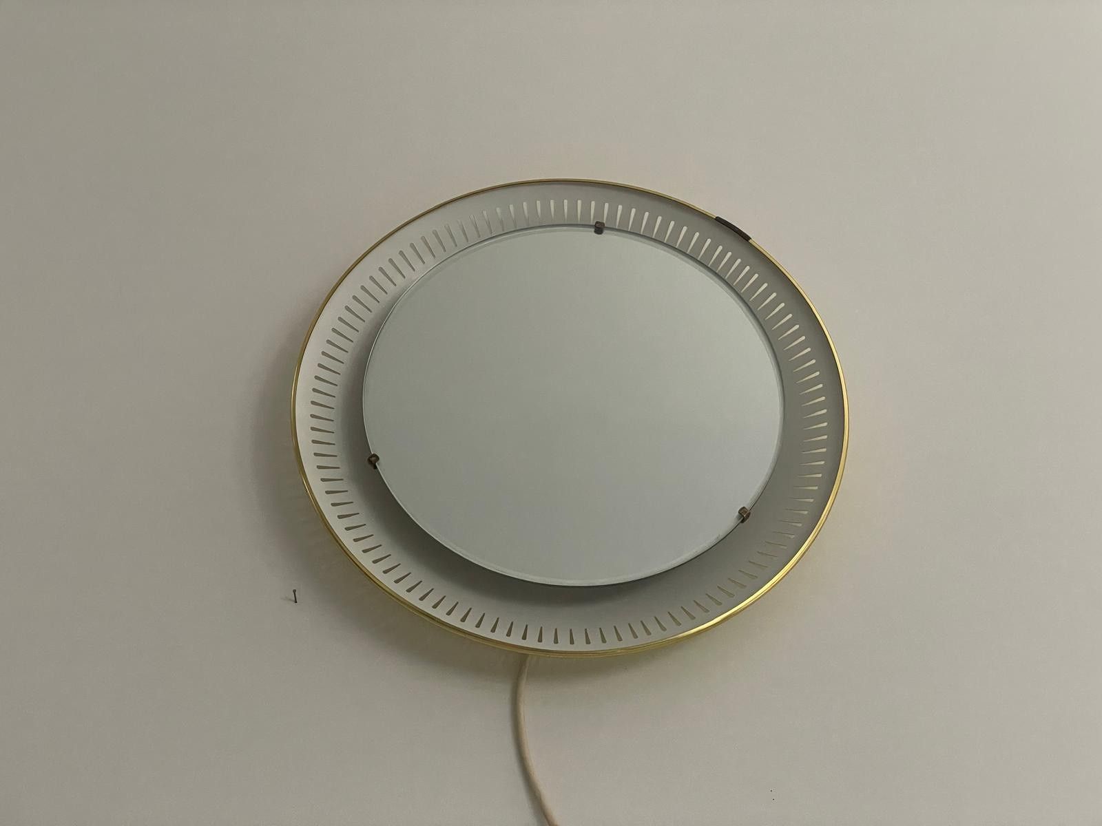 Home Decor Mid Century Round Yellow And White Wall Mirror With Light By Hillebrand, 1950s photo