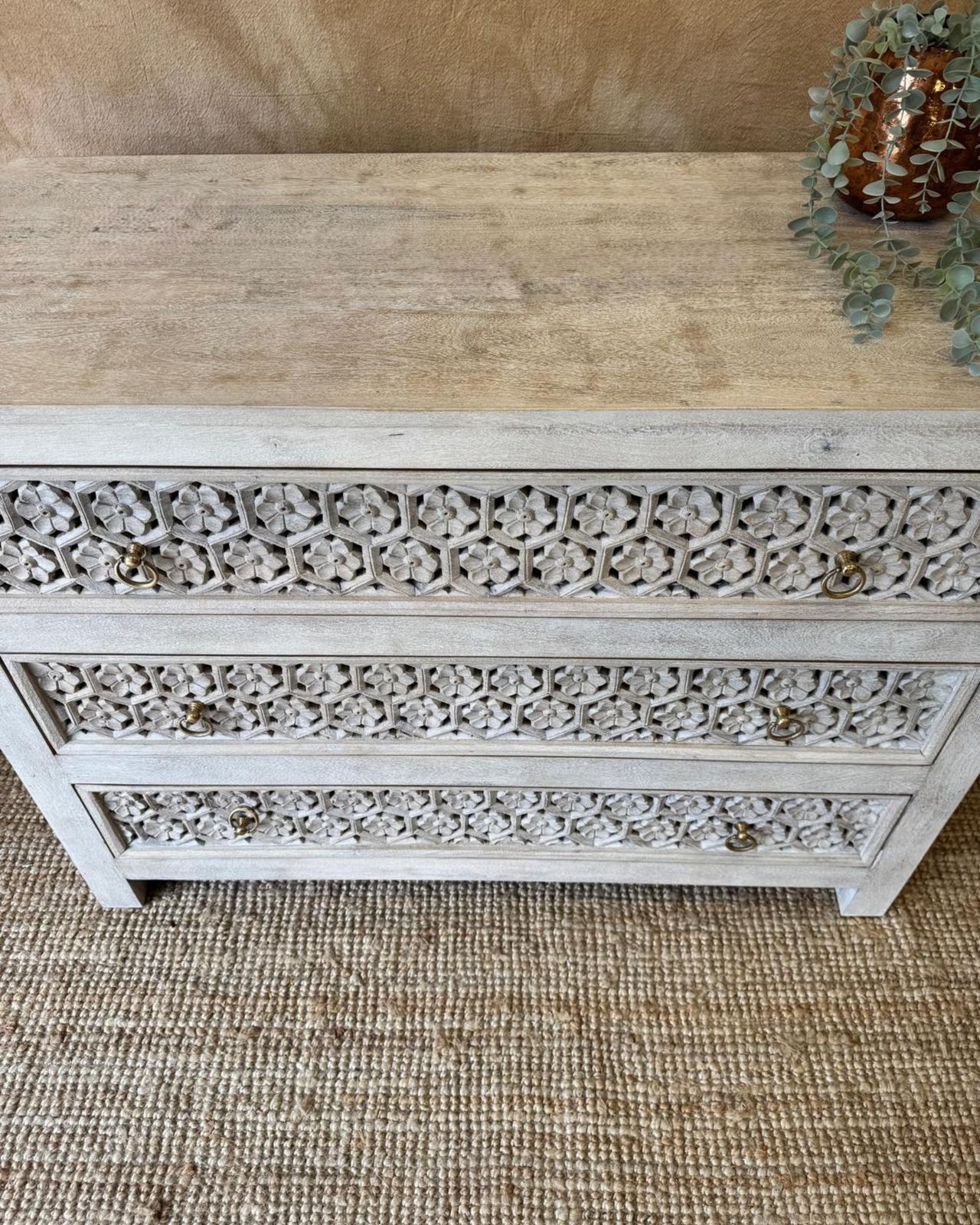 Hand Carved Mango Wood Three Drawer Chest – Jali Design In Creamwash Finish photo for sale