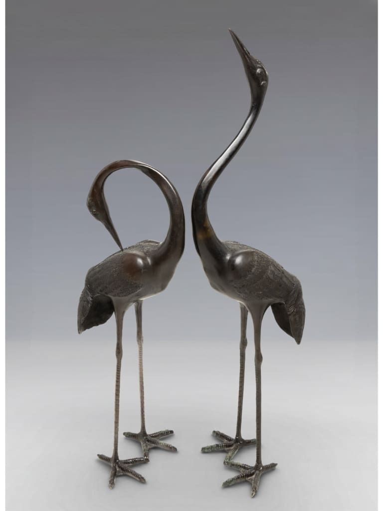 A Pair Of Monumental Japanese Bronze Cranes, Meiji Period (1868–1912) photo Art