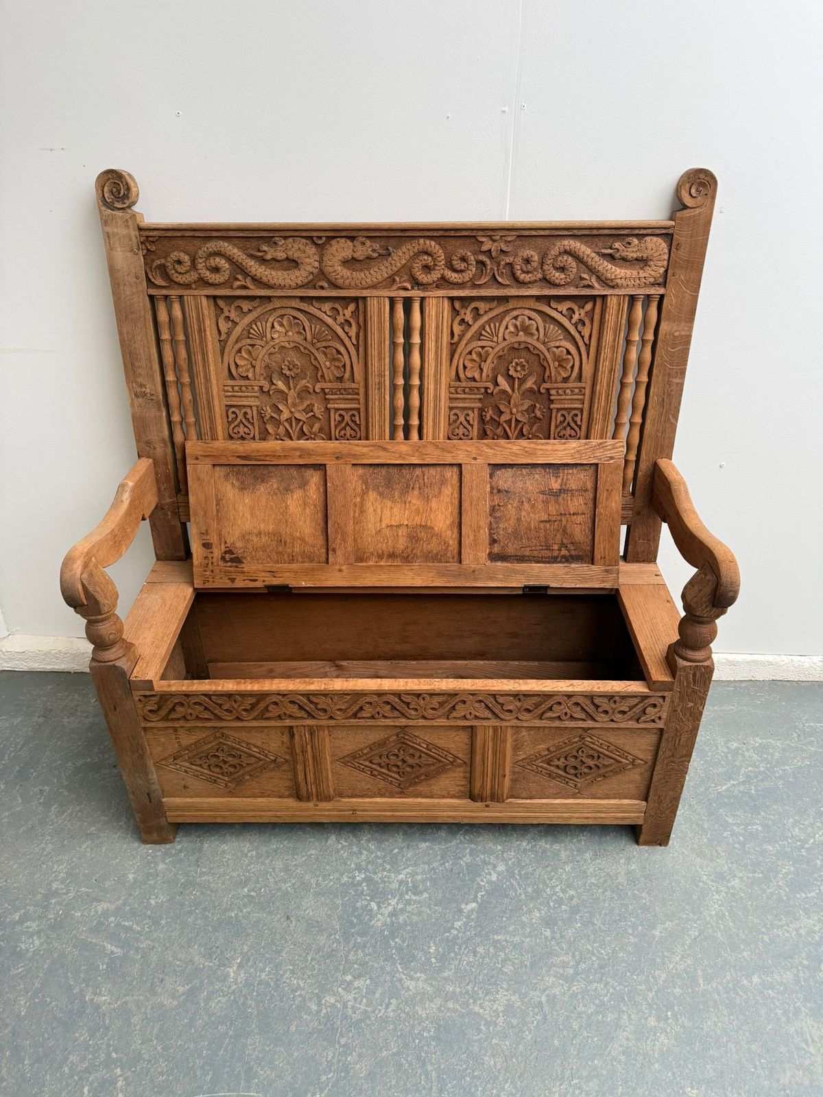 photo for sale The Very Best Stripped Golden Oak 1920s Carved 2 Seater Hall Box Settle