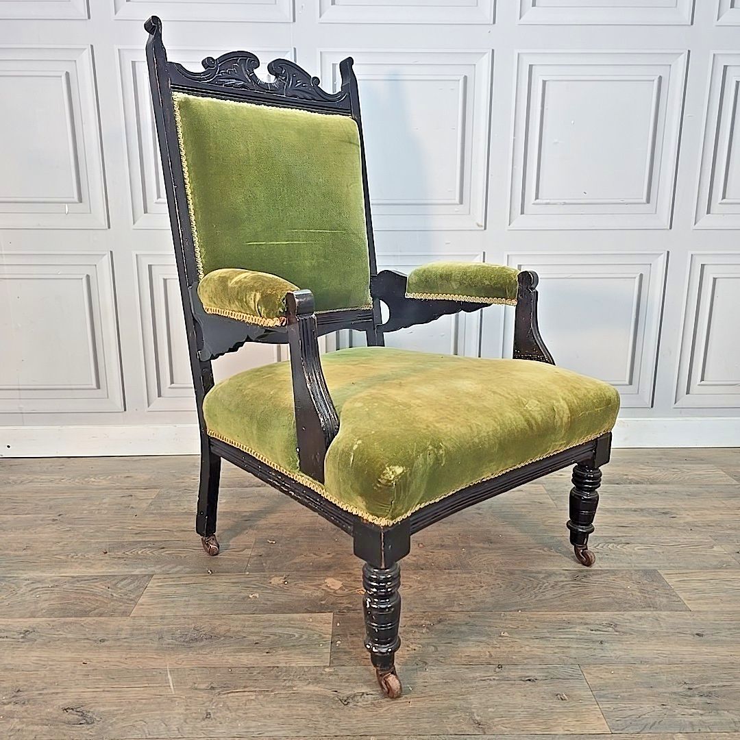 Antique Armchair Carved Wood Upholstered Elbow Chair Castors Victorian Vintage