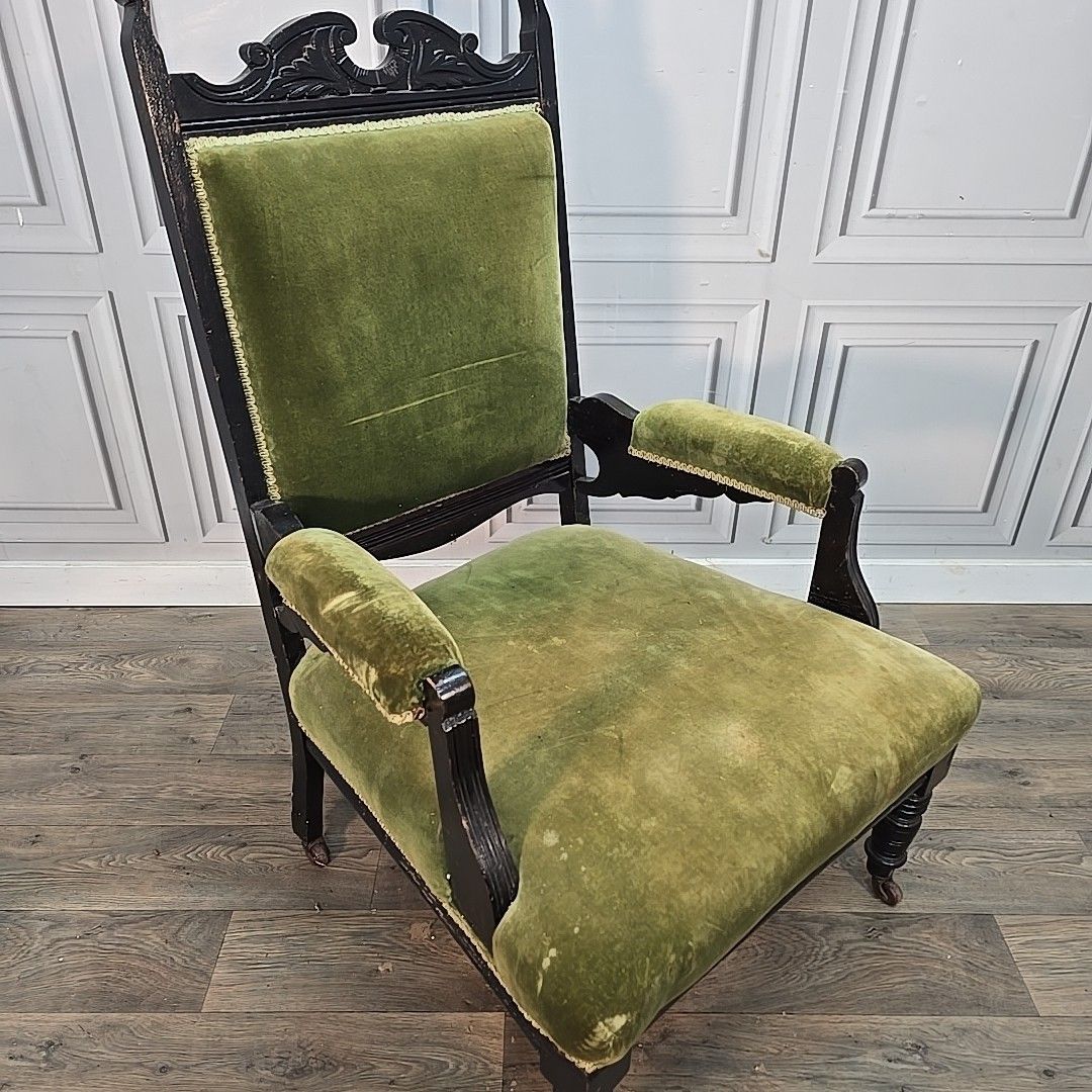Antique Armchair Carved Wood Upholstered Elbow Chair Castors Victorian Vintage photo for sale