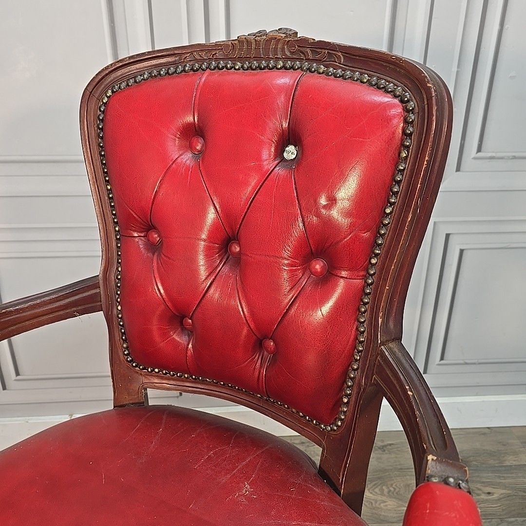 Furniture Vintage Chesterfield Armchair Louis XV Style Red Button Back Upholstered Wood photo