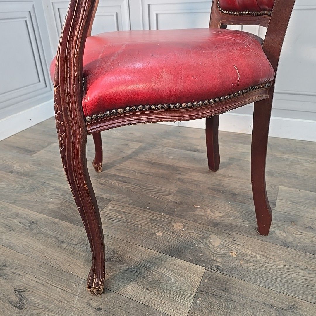 photo vintage Vintage Chesterfield Armchair Louis XV Style Red Button Back Upholstered Wood