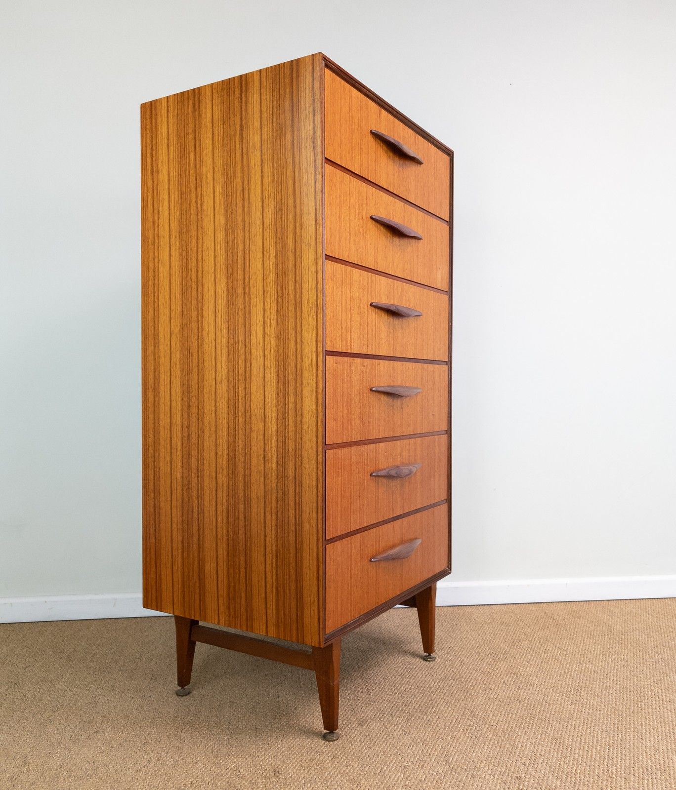 Refinished Vintage Mid Century Teak 127cm Tall Chest Of Drawers Tallboy, Meredew photo vinterior