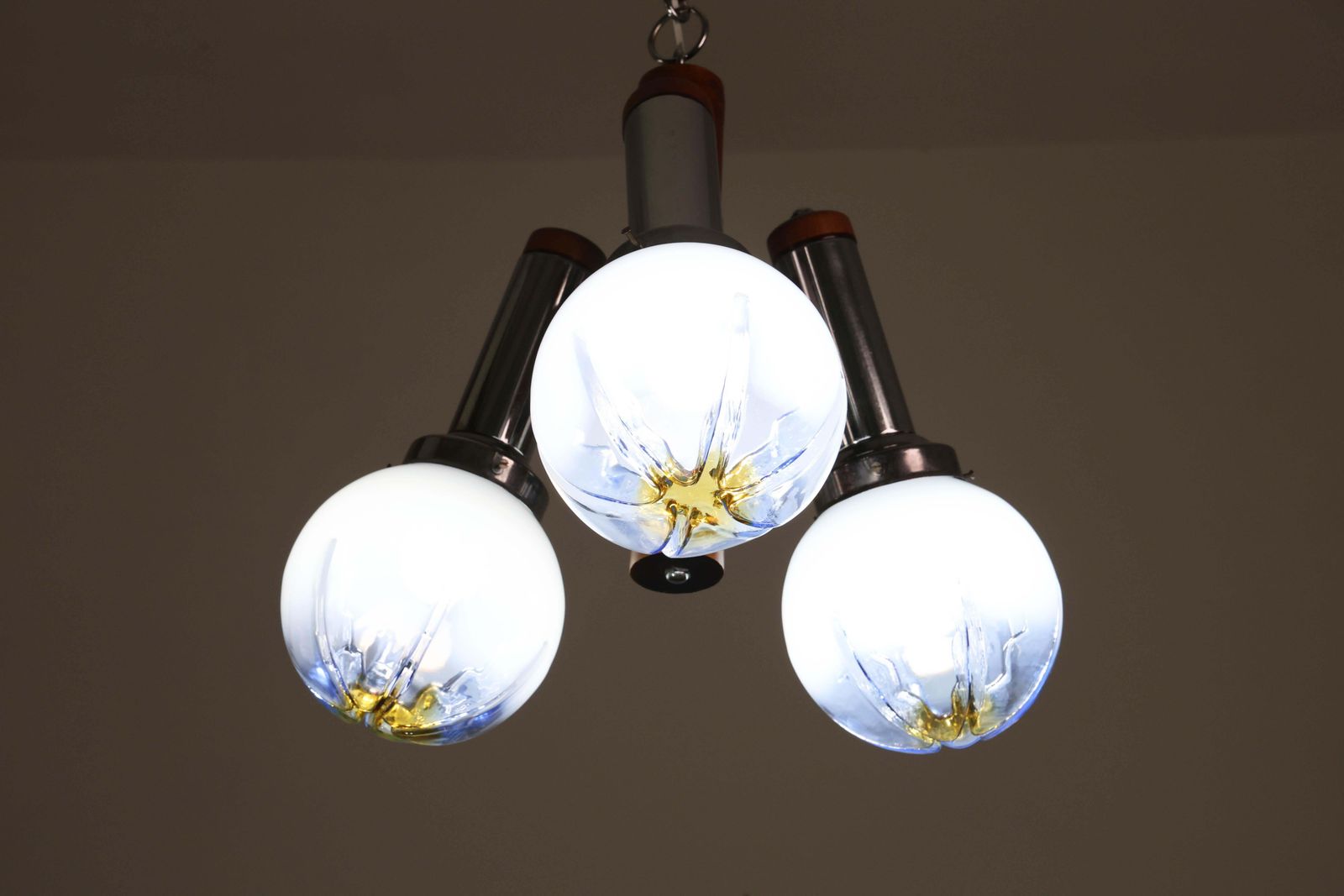 Italian Midcentury 3 Light Turquoise Blu Murano Glass Chandelier By Mazzega photo vinterior