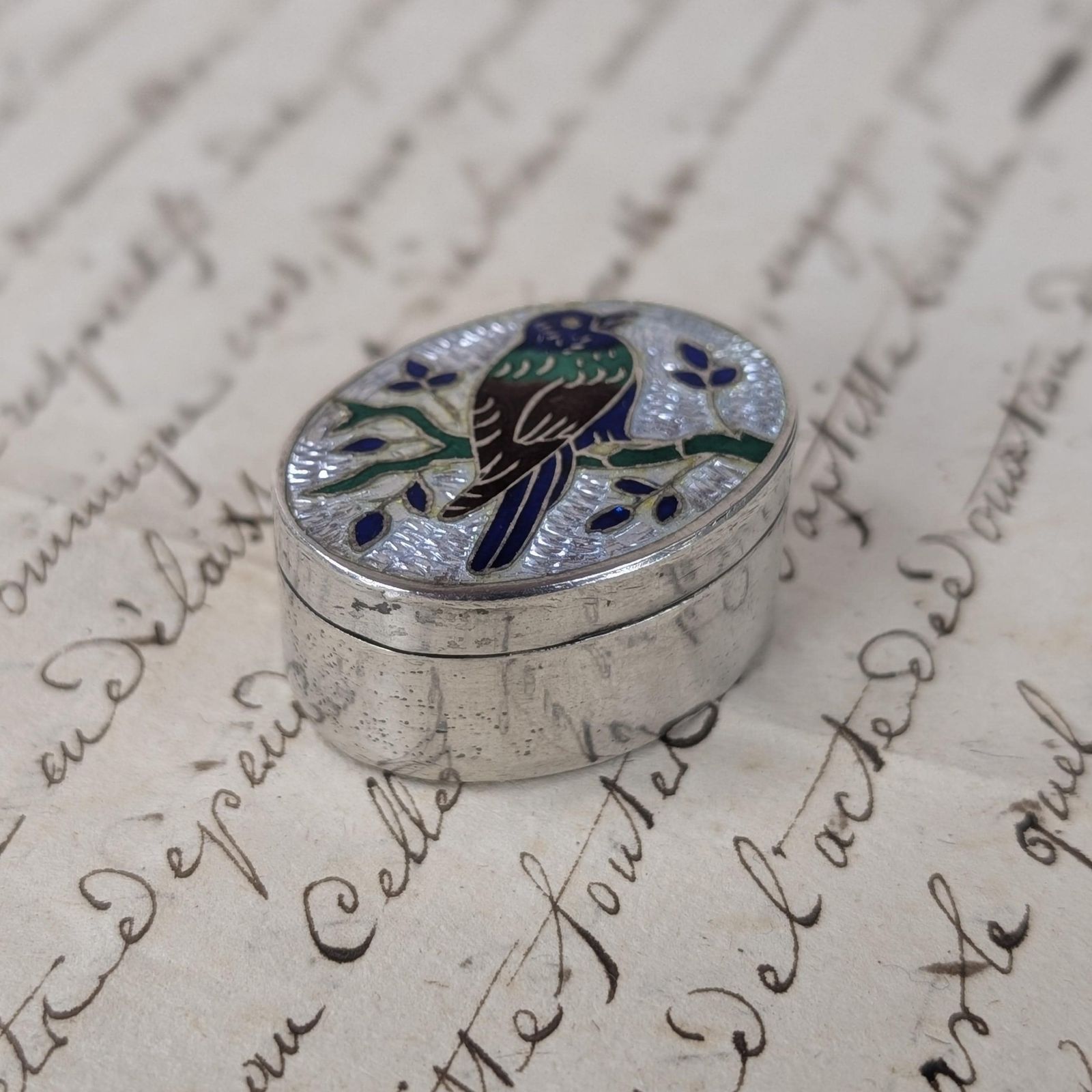 Vintage Silver Enamel Pill Box, Oval Bird Motif Indian Trinket Snuff Case photo furniture