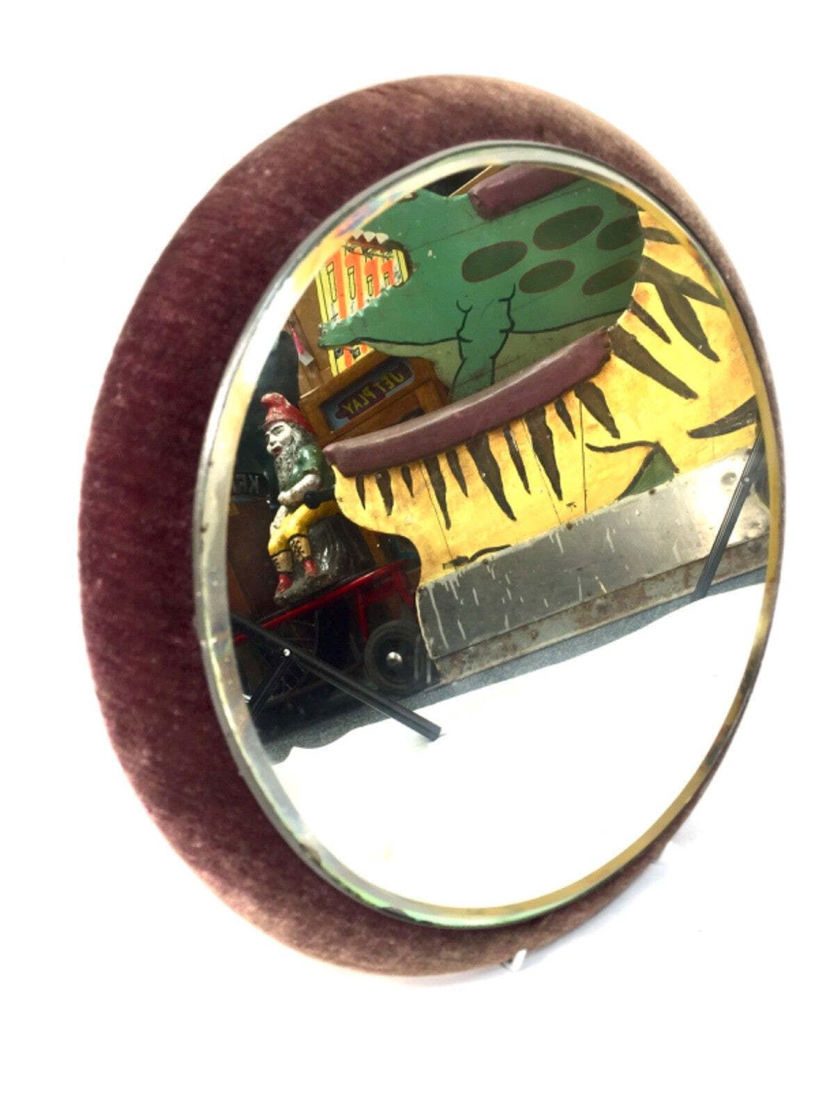 Antique Circular Wall Mirror With Velvet Red Fabric Border / Round Mirror C.1930 photo furniture