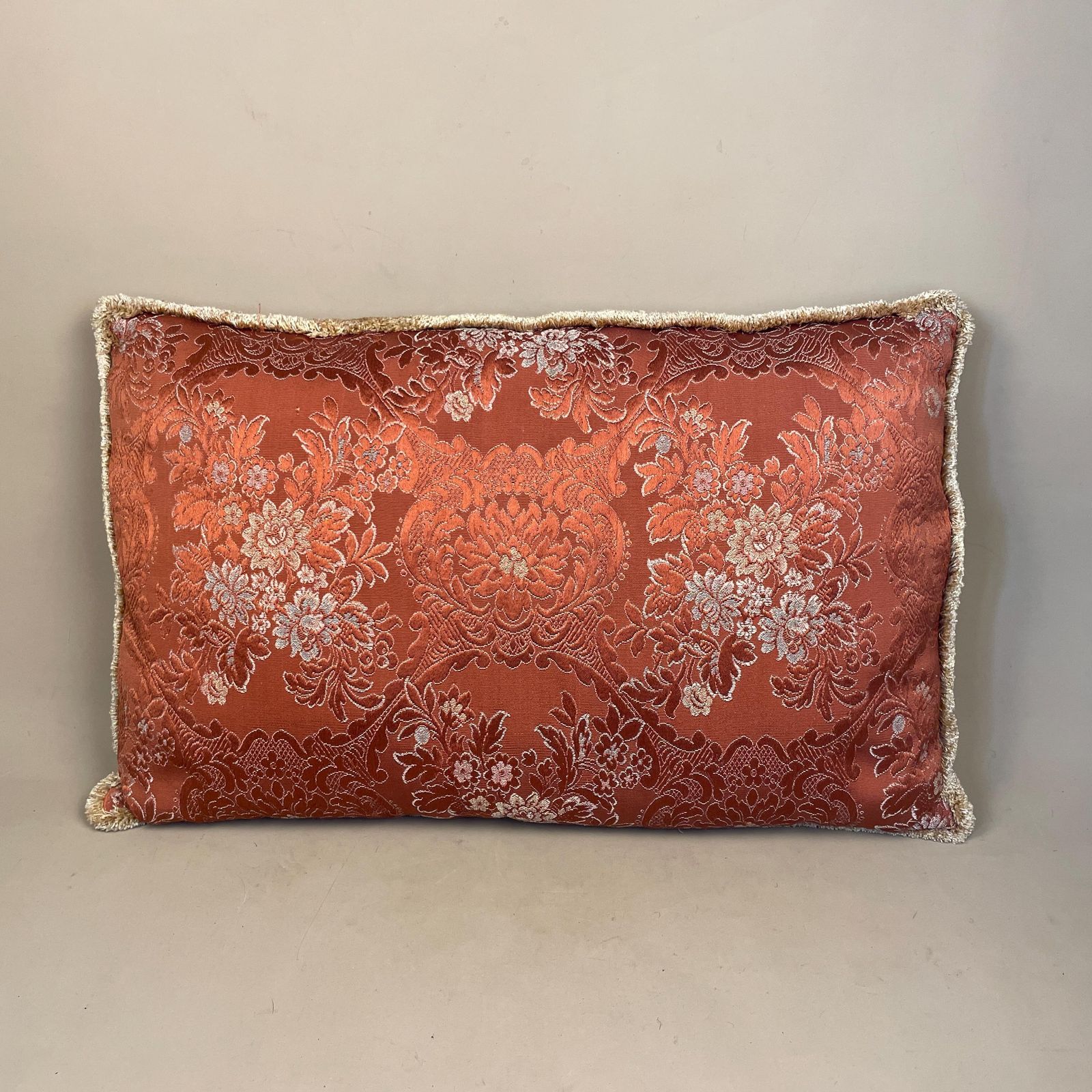 Vintage Jacquard Floral Feather Cushion Pillow Rust Orange Fringe Trim Decorative Damask Sofa Throw Scatter Cushion