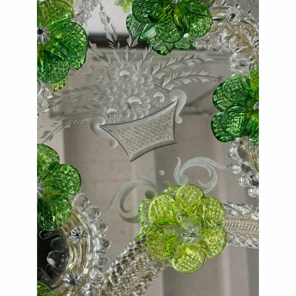 Italian 2000s Venetian Oval Green Floreal Hand Carving Mirror In Murano Glass Style photo furniture
