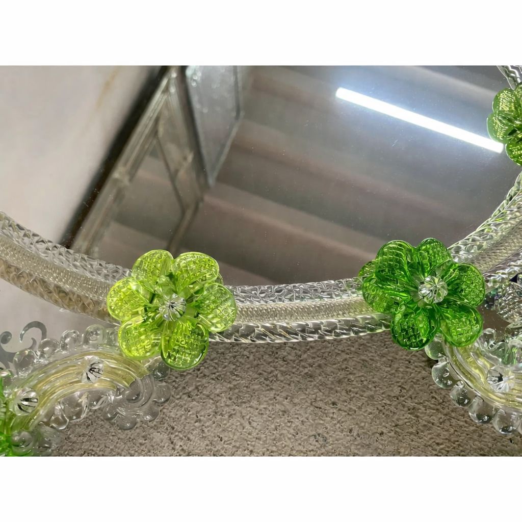 Italian 2000s Venetian Oval Green Floreal Hand Carving Mirror In Murano Glass Style photo for sale