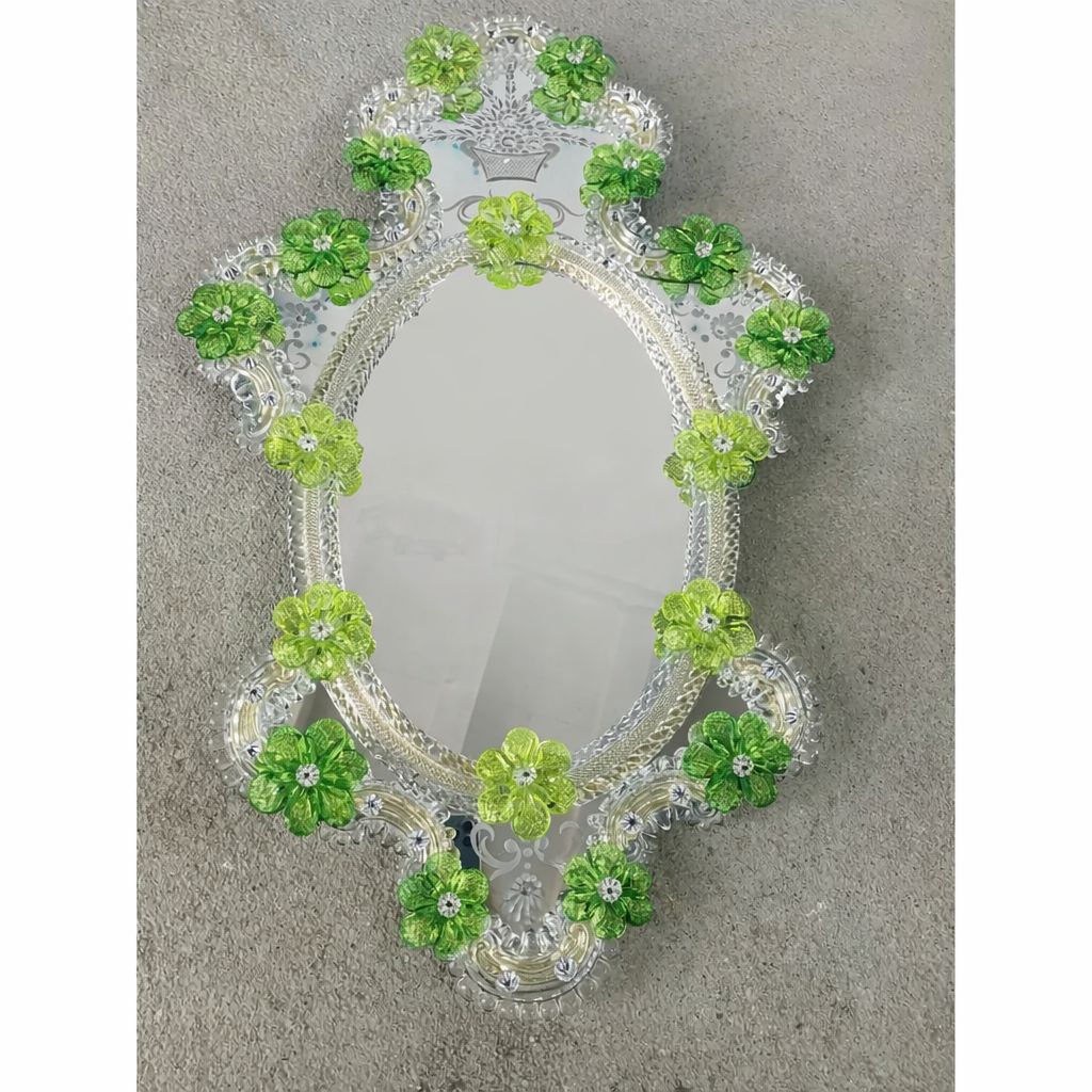 Italian 2000s Venetian Oval Green Floreal Hand Carving Mirror In Murano Glass Style photo vintage
