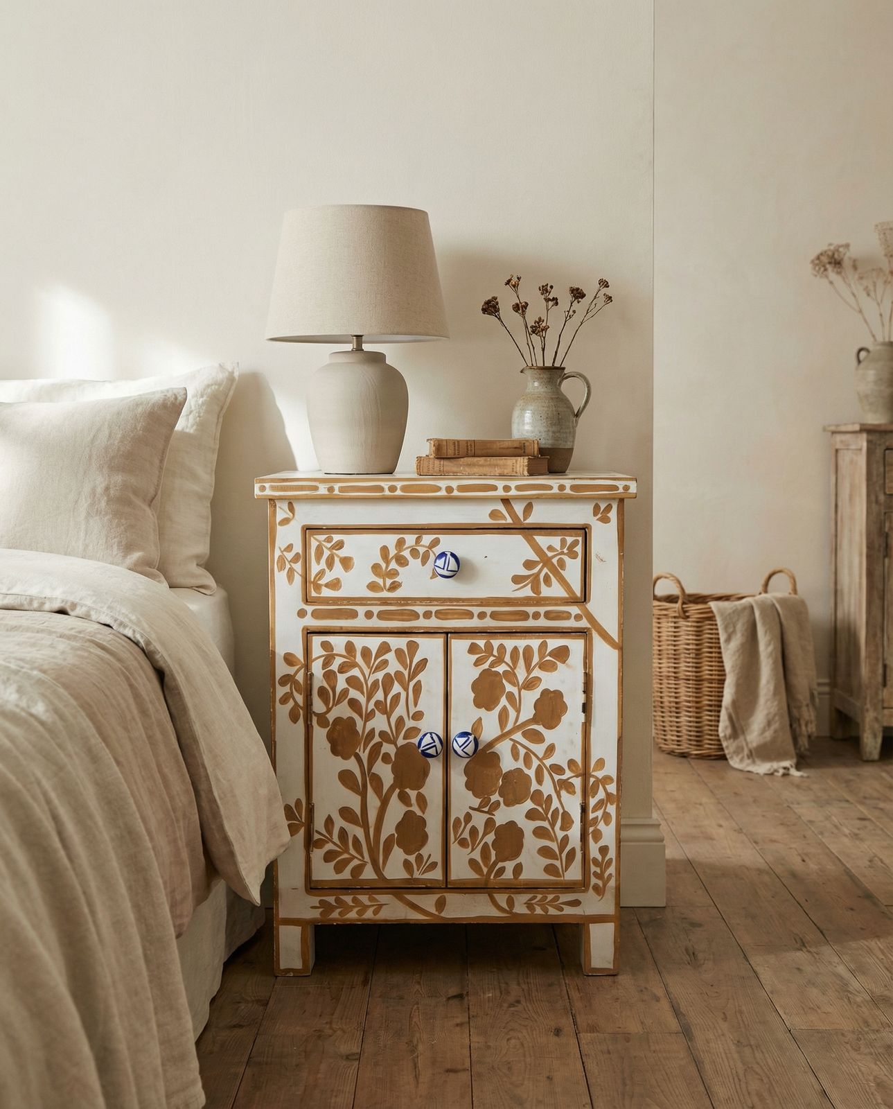 Hand Painted Mango Wood Bedside Table – Floral Carved 2 Door Cabinet In Natural & Ochre.