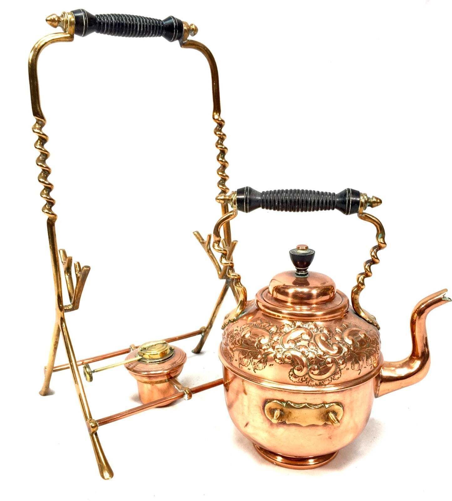 Antique Victorian Metal Copper & Brass Spirit Kettle Pot With Matching Stand photo vinterior