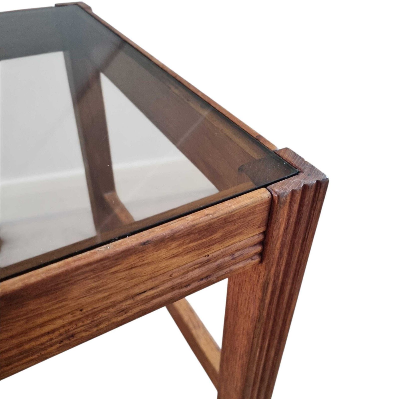 photo for sale Vintage Mid Century Coffee Table With Smoked Glass Top And Ribbed Wood Legs