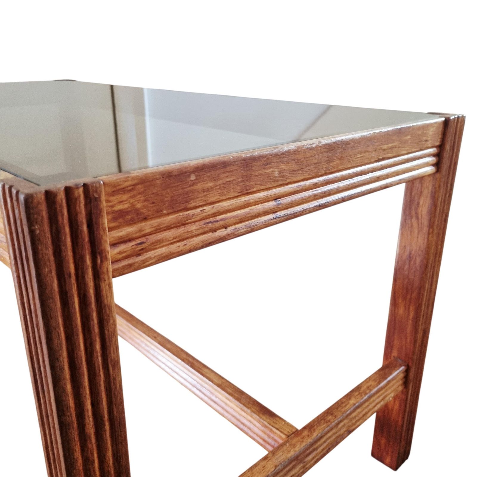 Furniture Vintage Mid Century Coffee Table With Smoked Glass Top And Ribbed Wood Legs photo