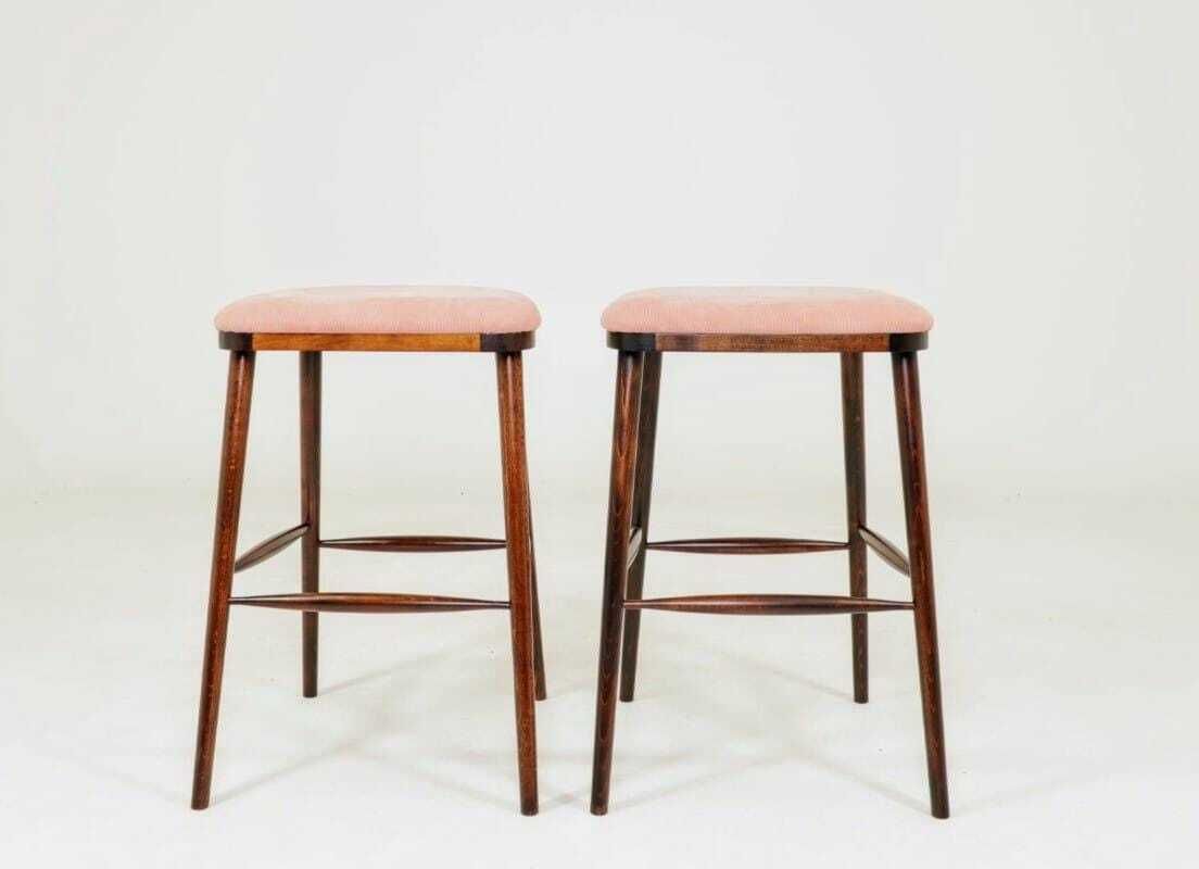 Pair Bar Stools In Vintage Style, Rose Corduroy Fabric photo for sale