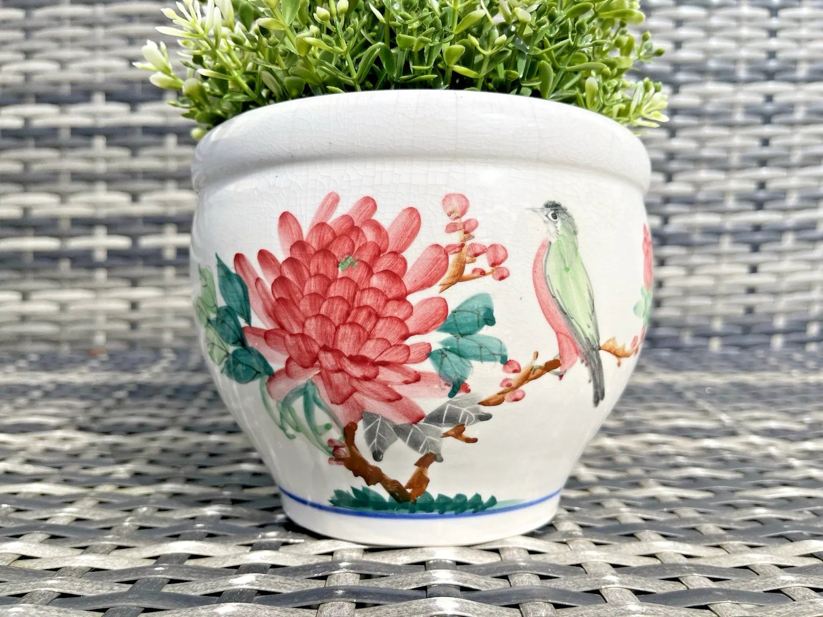 Vintage Chinese Porcelain Bird Chrysanthemum Famille Rose Plant Pot Jardiniere