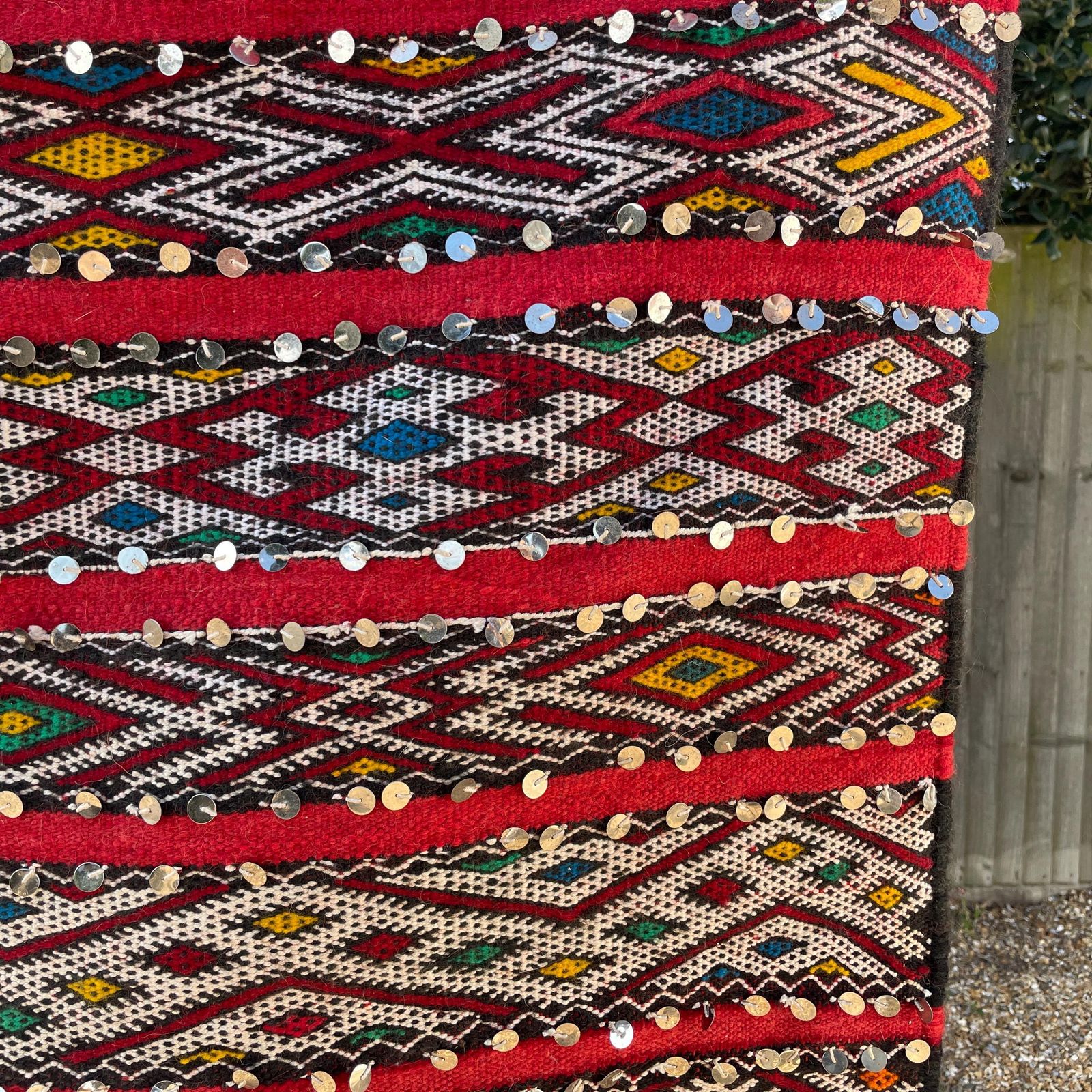 Large Red Kilim Rug With Sequins Handmade Wool Tribal Moroccan Floor Carpet Tribal Handwoven Geometric Pattern Tasselled End Wall Hanging photo for sale