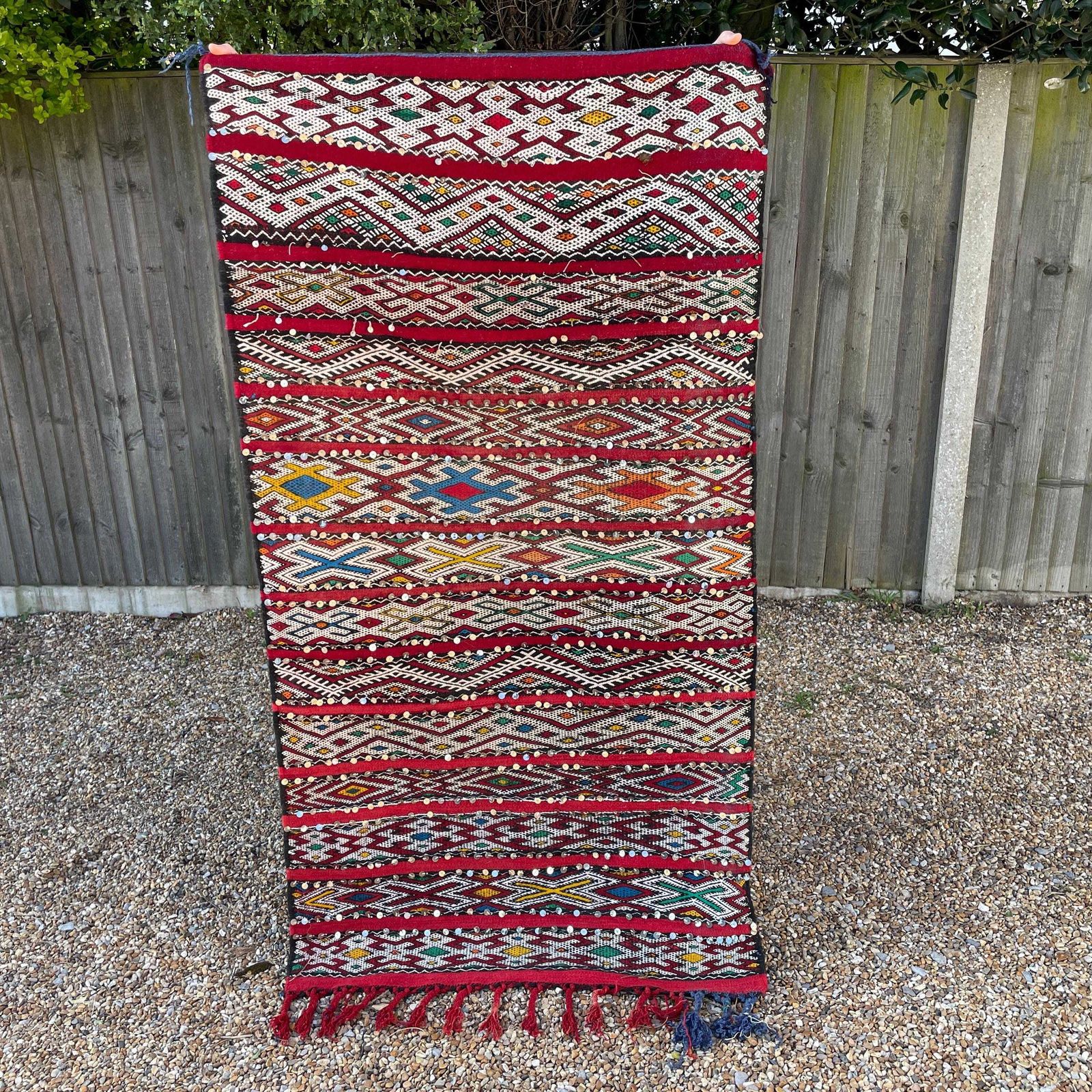 125.0 Large Red Kilim Rug With Sequins Handmade Wool Tribal Moroccan Floor Carpet Tribal Handwoven Geometric Pattern Tasselled End Wall Hanging photo