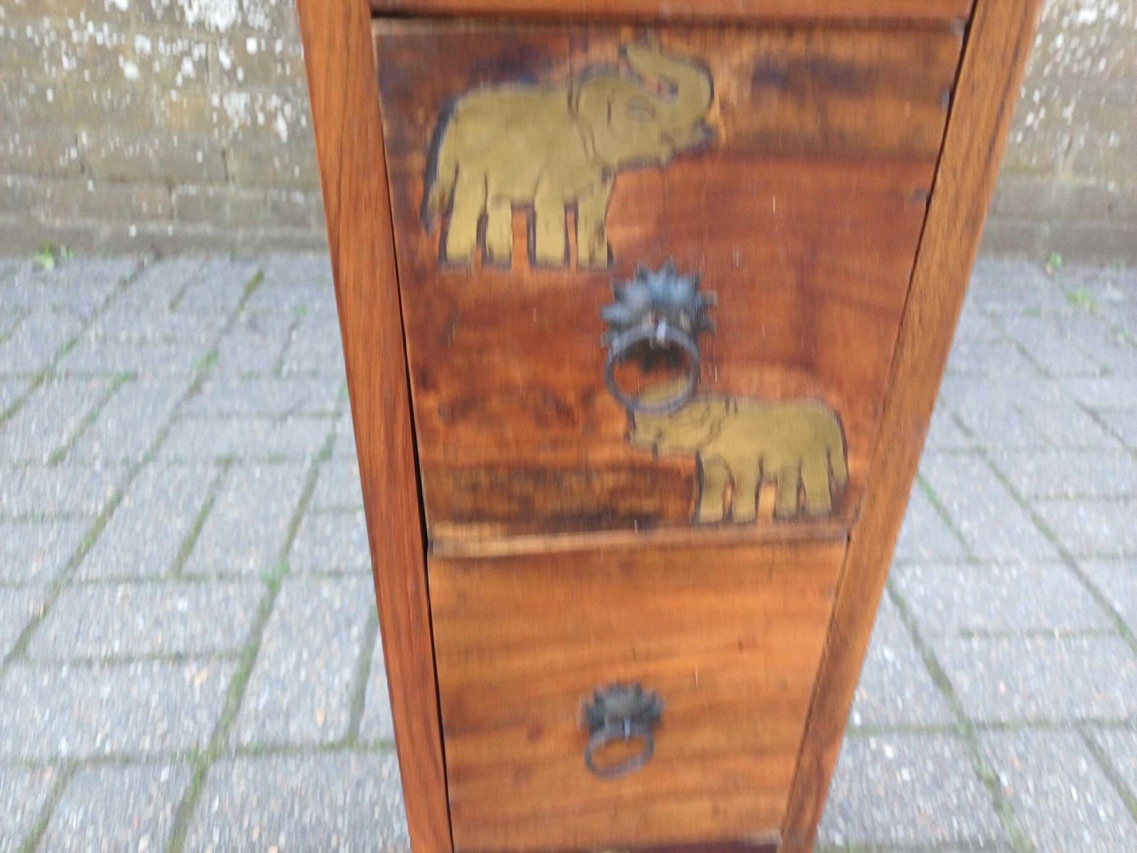 Vintage Teak Thin Chest Of Drawers Elephant Motif Brass Handles Slim Storage Cabinet Solid Wood 1980s Oriental Style photo for sale
