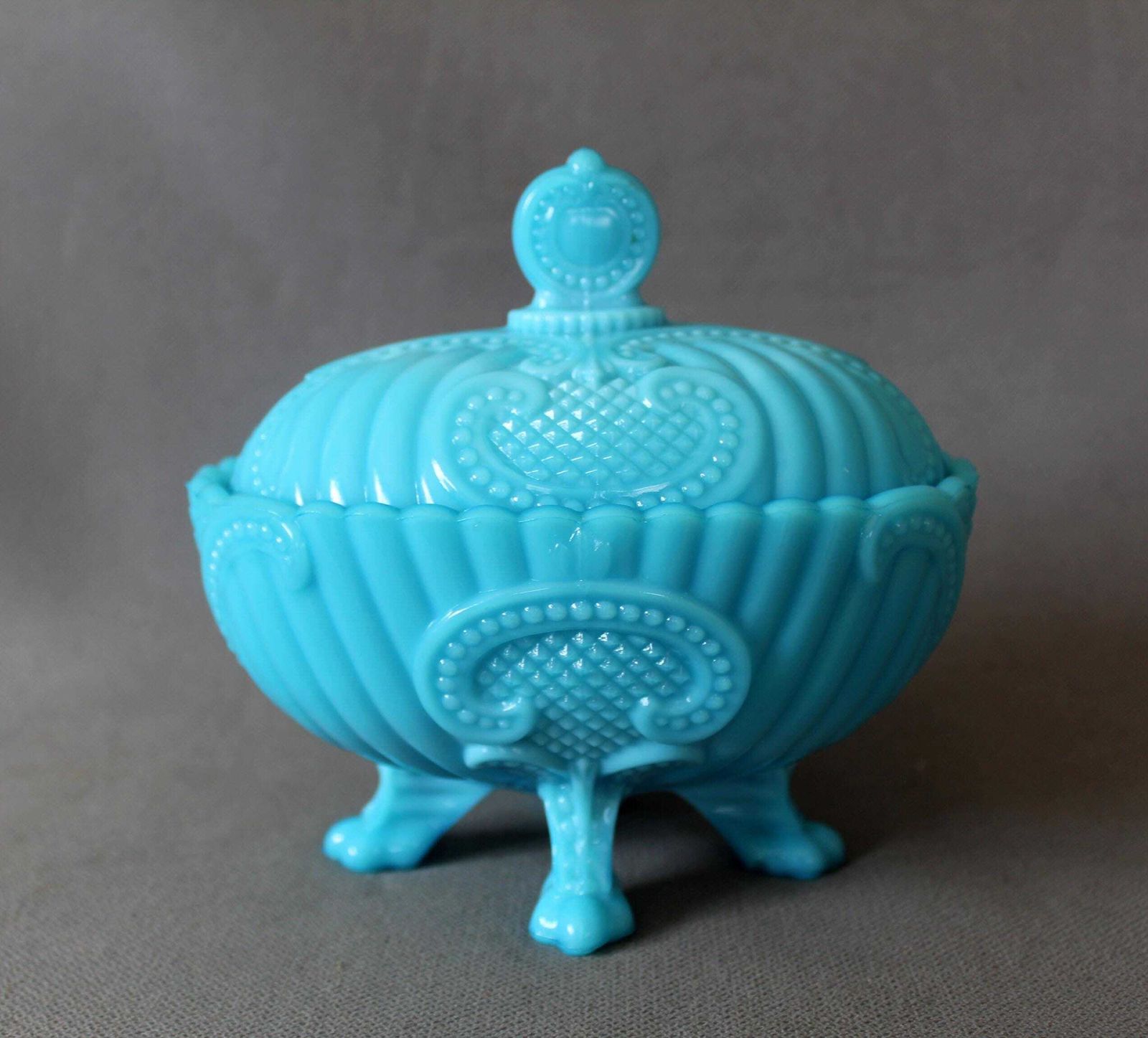 Antique French Blue Opaline Pedestal Bowl, Style Portieux Vallerysthal, Milk Glass, Baby Blue Opaline, Footed Bowl Pressed Glass, Small Chip photo for sale