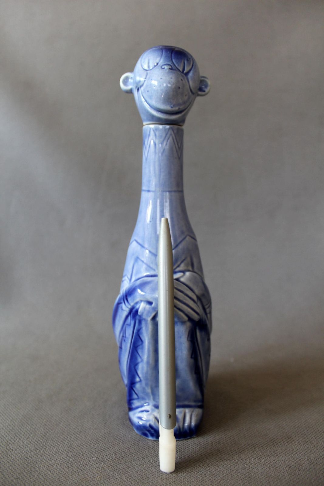 Antique Art Deco German Blue Ceramic Monkey Decanter, Comical, Schafer Style, Figural, Handpainted, Missing Cork Stopper, Some Crazing photo buy