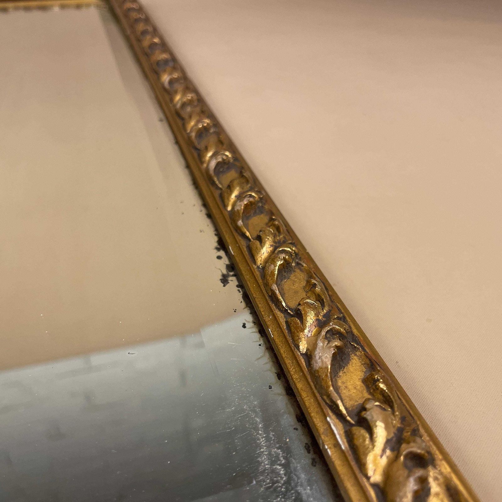 Ornate Wooden Wall Mirror Gold Wood Frame Bevelled Glass Rectangle Portrait Patterned Edge Bedroom Hallway Decorative Antique Style photo vinterior