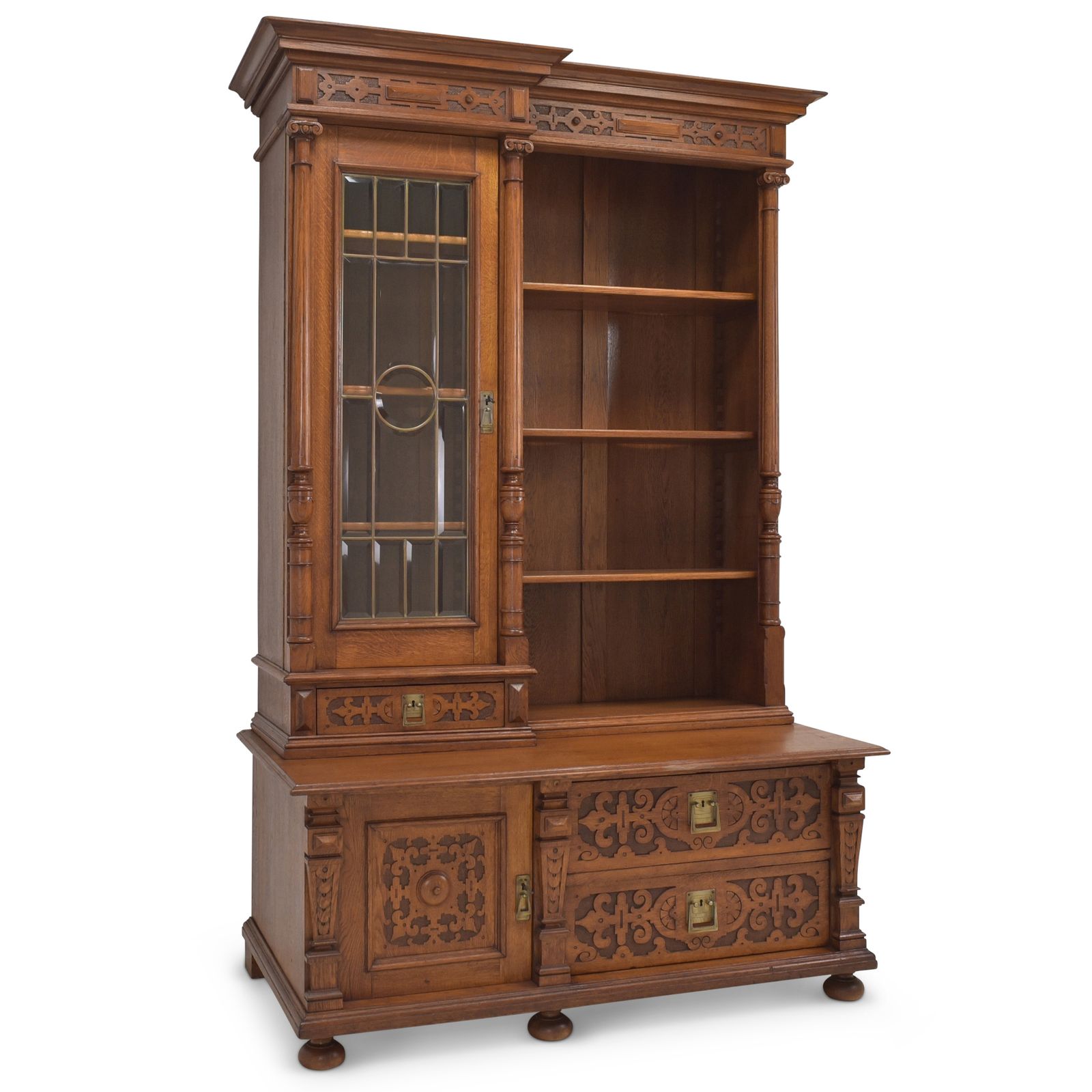 Antique! Restored Oak Bookcase, Gründerzeit Style, Display Cabinet, Bookcase